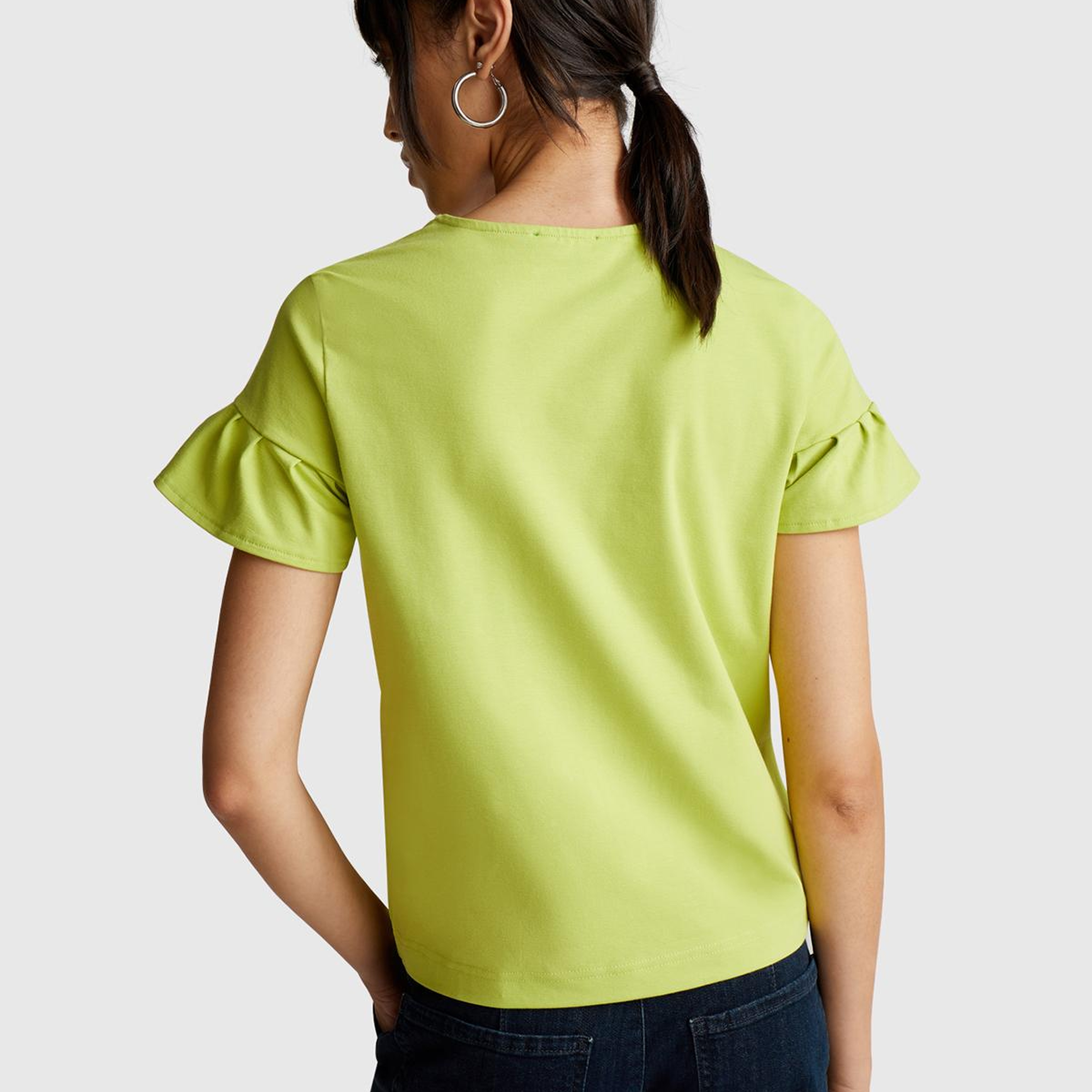 Kadın Açık Yeşil Koton Karışımlı Kolları Fırfır Detaylı T-Shirt