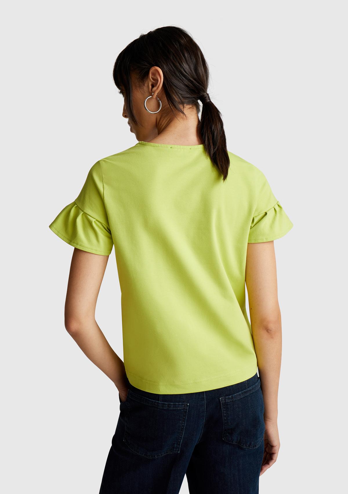 Kadın Açık Yeşil Koton Karışımlı Kolları Fırfır Detaylı T-Shirt