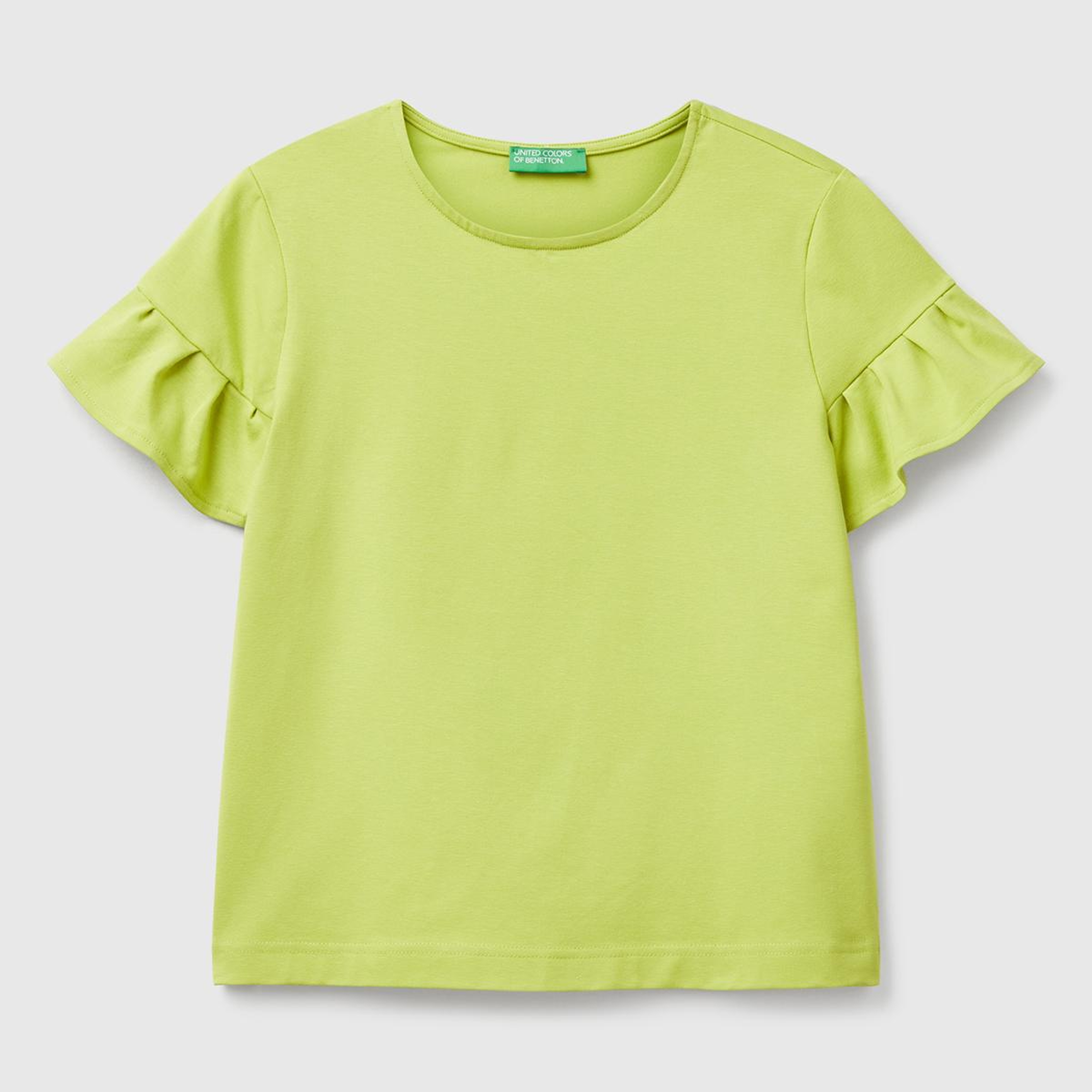 Kadın Açık Yeşil Koton Karışımlı Kolları Fırfır Detaylı T-Shirt