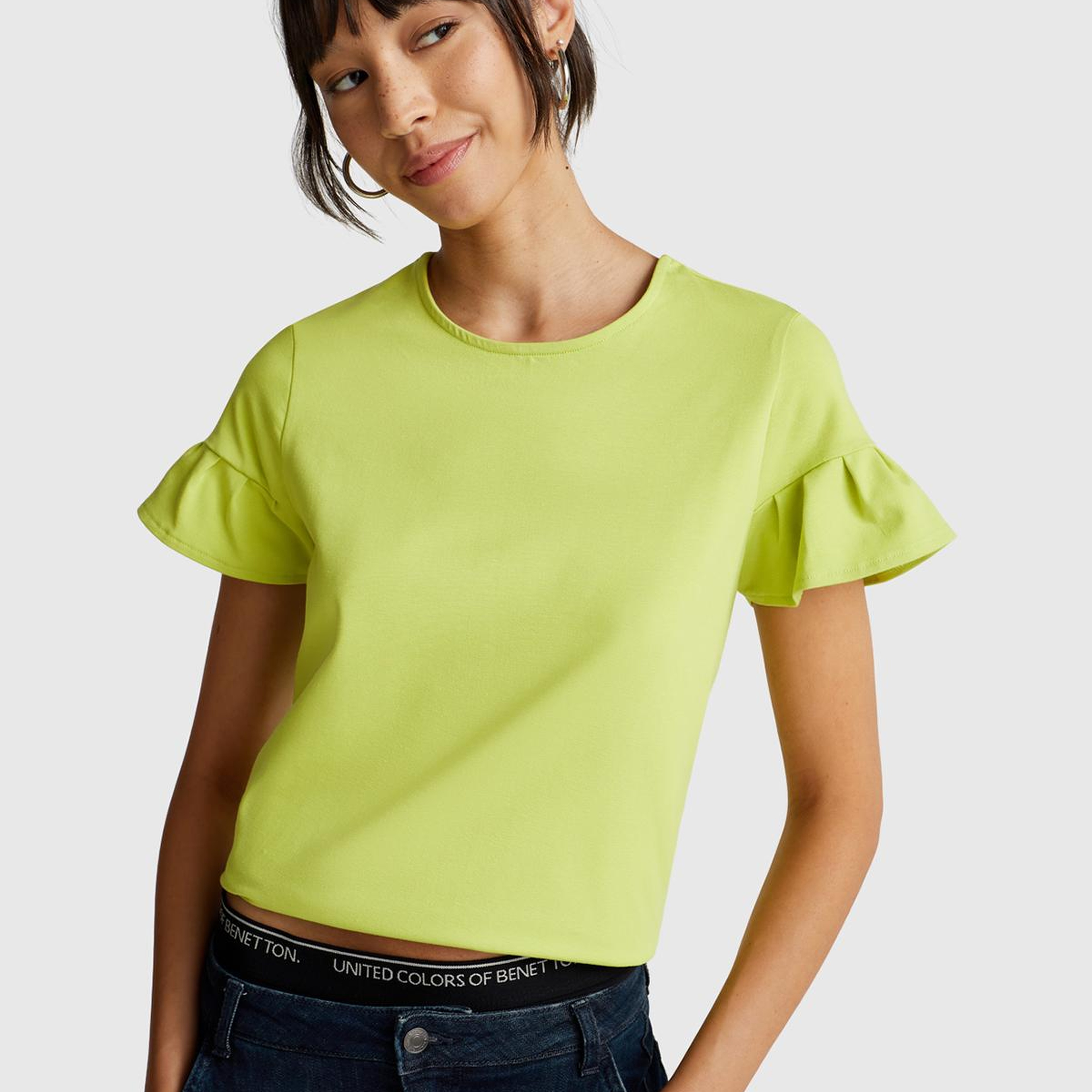 Kadın Açık Yeşil Koton Karışımlı Kolları Fırfır Detaylı T-Shirt