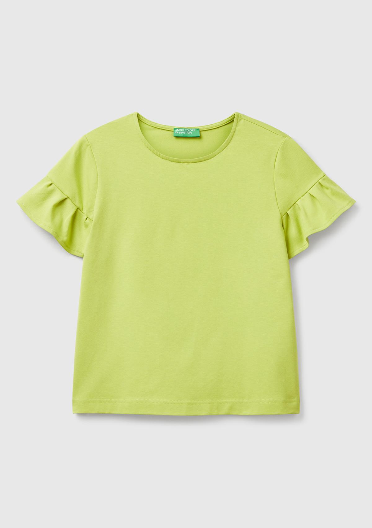 Kadın Açık Yeşil Koton Karışımlı Kolları Fırfır Detaylı T-Shirt