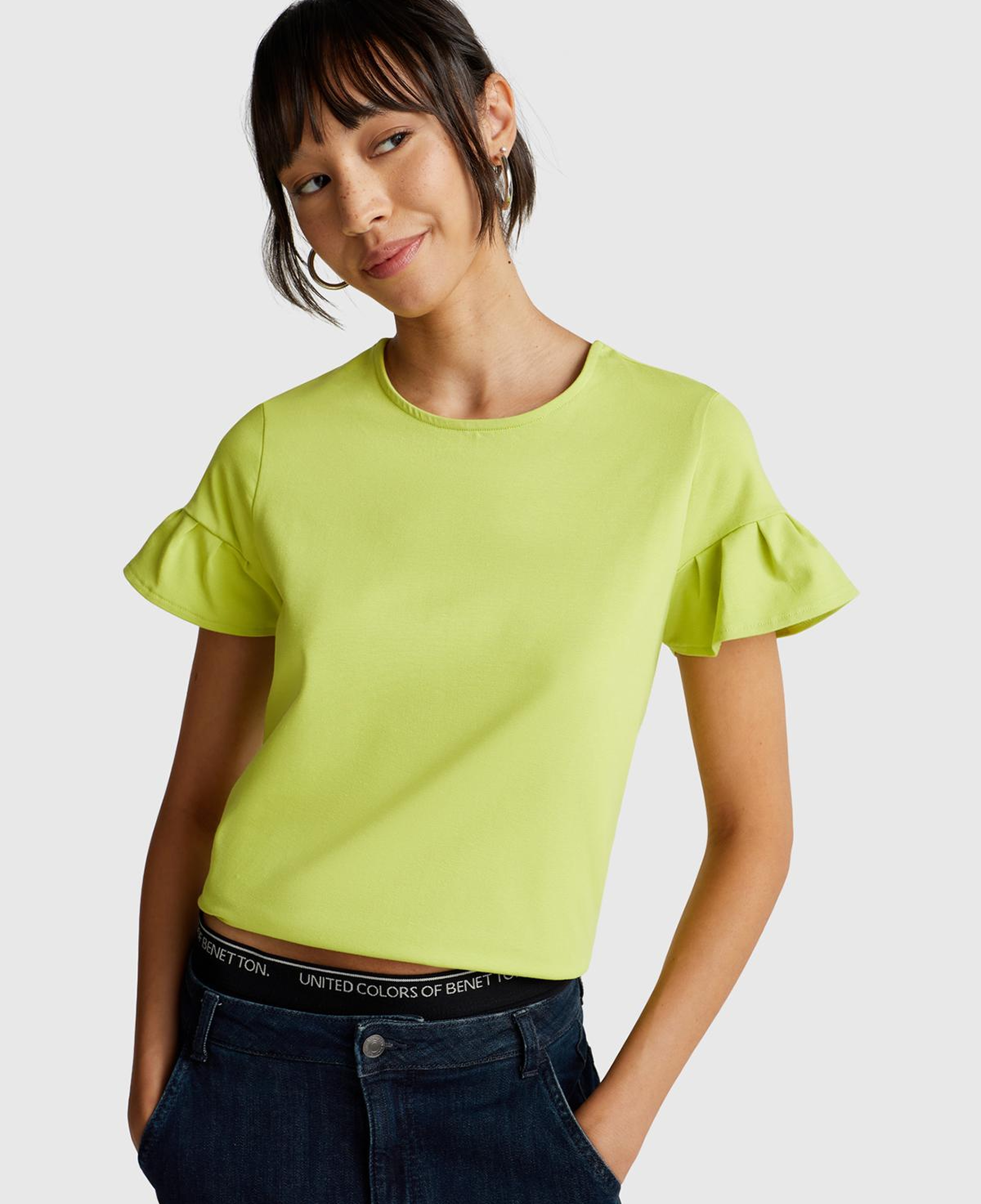 Kadın Açık Yeşil Koton Karışımlı Kolları Fırfır Detaylı T-Shirt