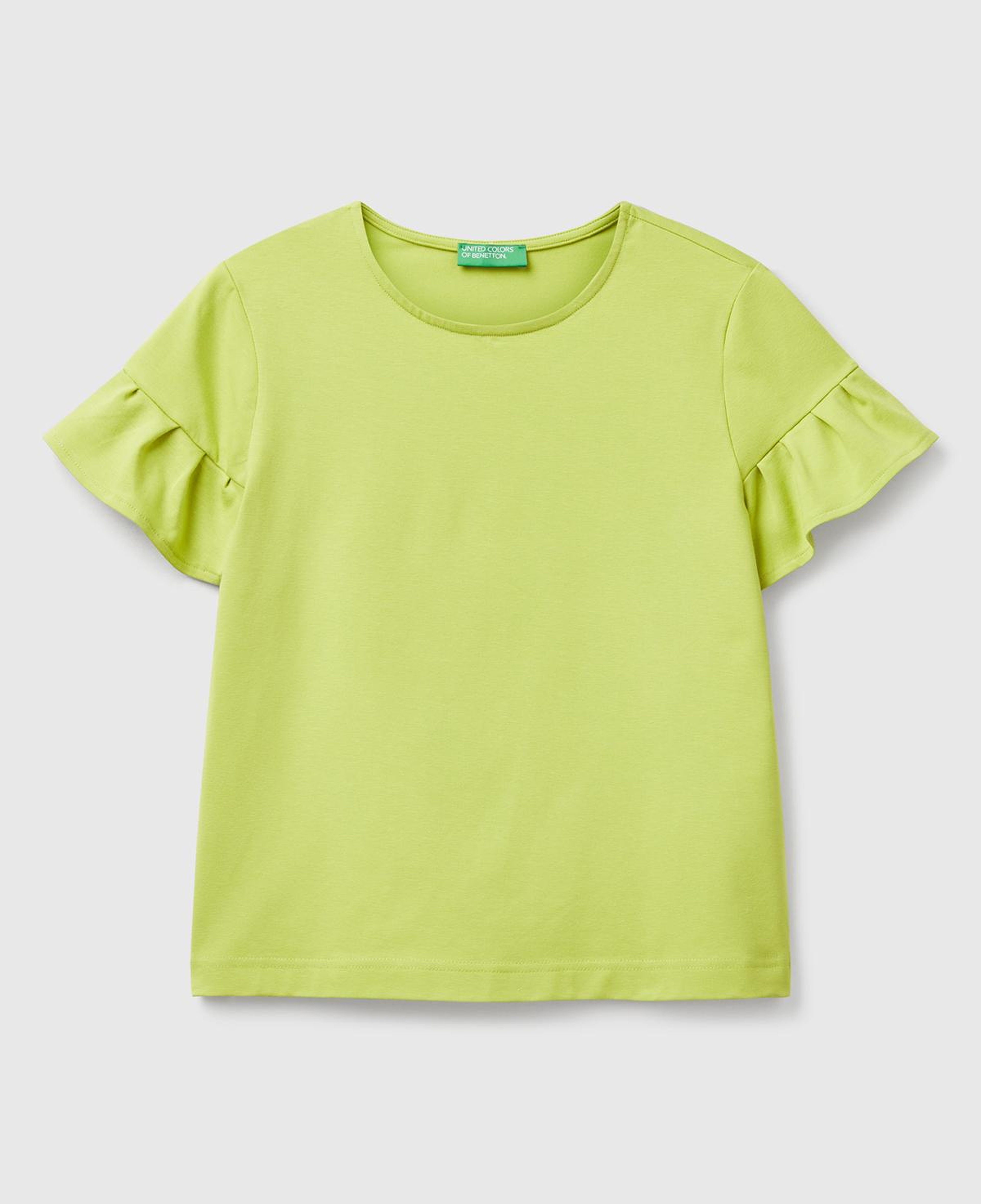Kadın Açık Yeşil Koton Karışımlı Kolları Fırfır Detaylı T-Shirt