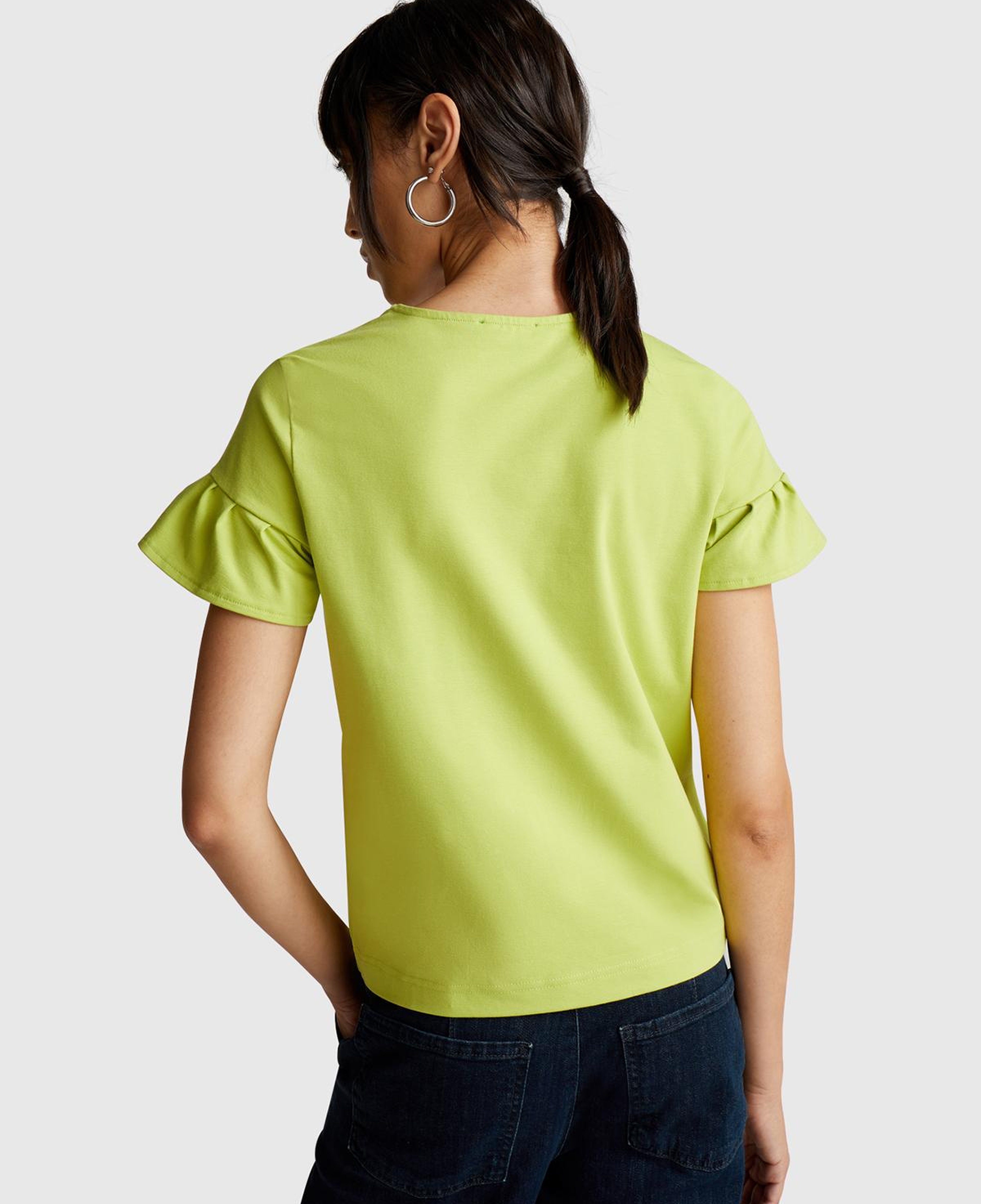 Kadın Açık Yeşil Koton Karışımlı Kolları Fırfır Detaylı T-Shirt
