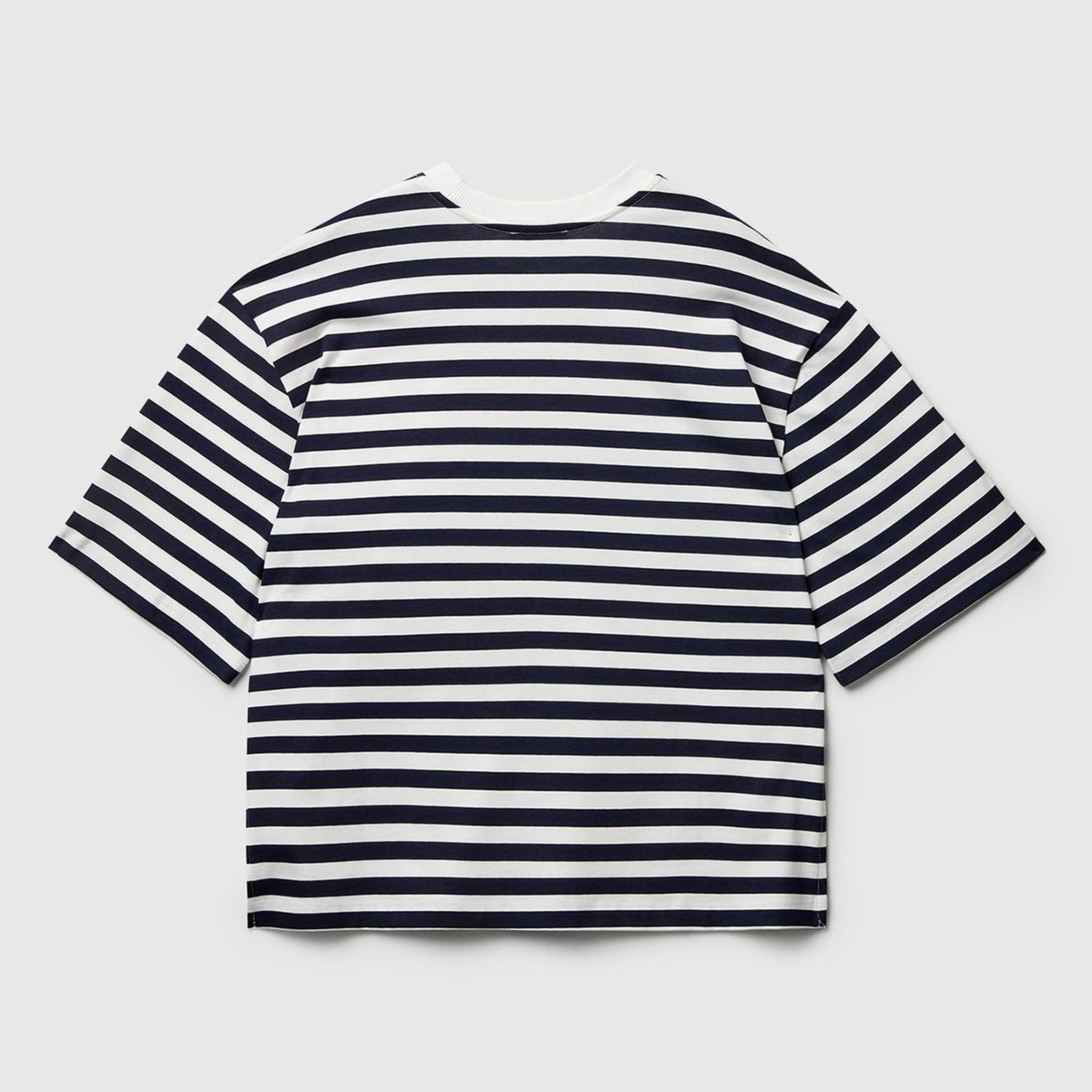 Kadın Lacivert %100 Pamuk Kalın Çizgili Yırtmaçlı Yarım Kol T-Shirt