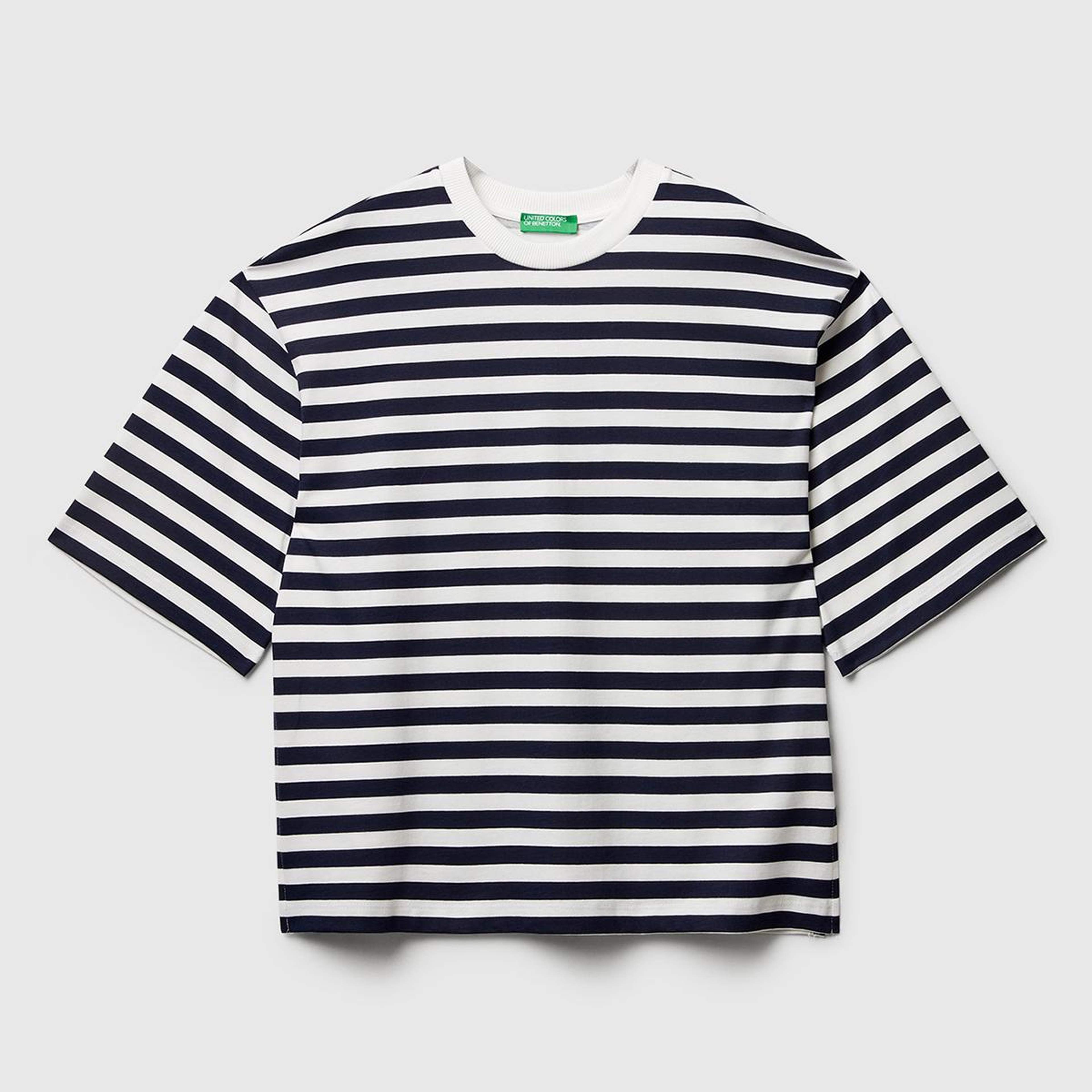 Kadın Lacivert %100 Pamuk Kalın Çizgili Yırtmaçlı Yarım Kol T-Shirt