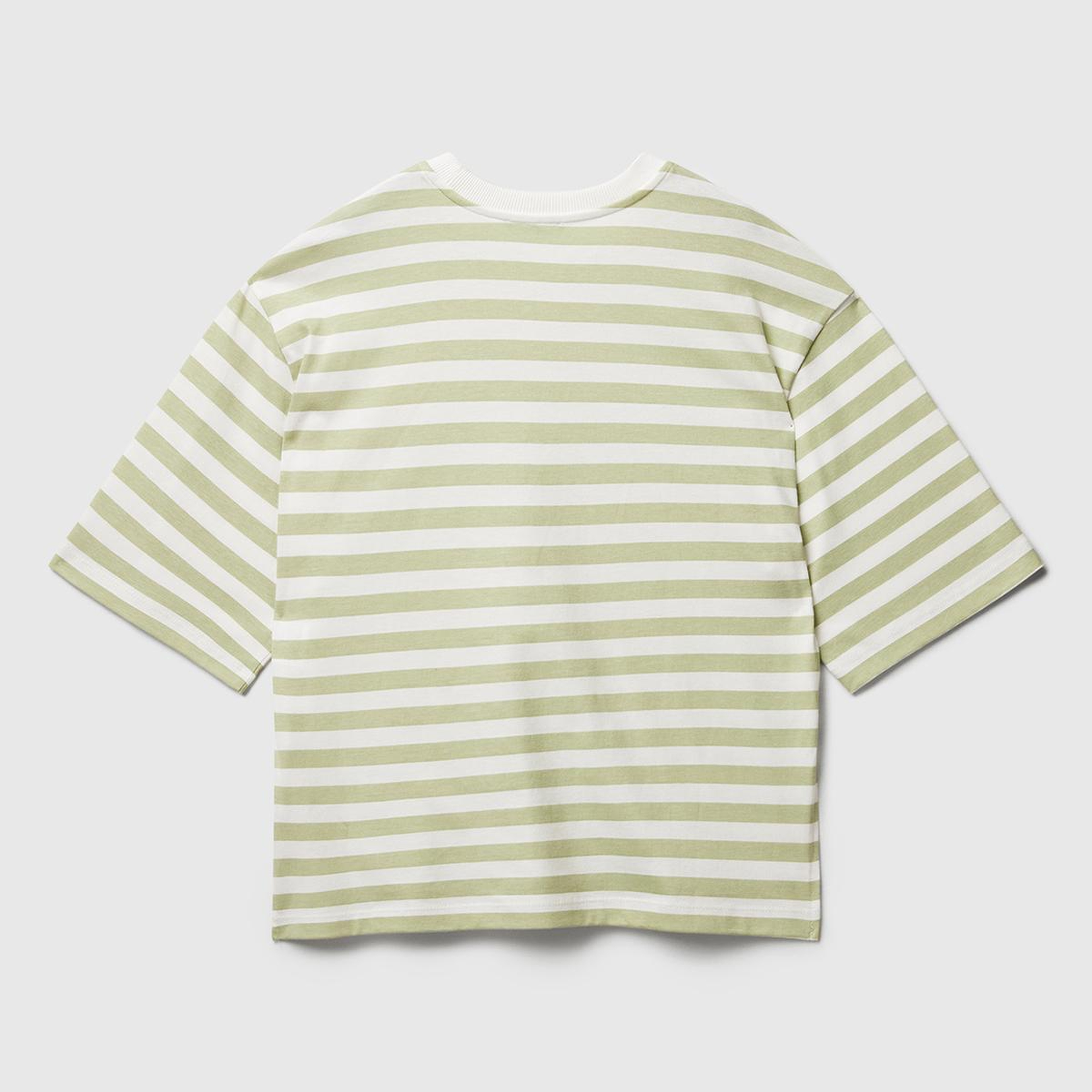 Kadın Yeşil %100 Pamuk Kalın Çizgili Yırtmaçlı Yarım Kol T-Shirt