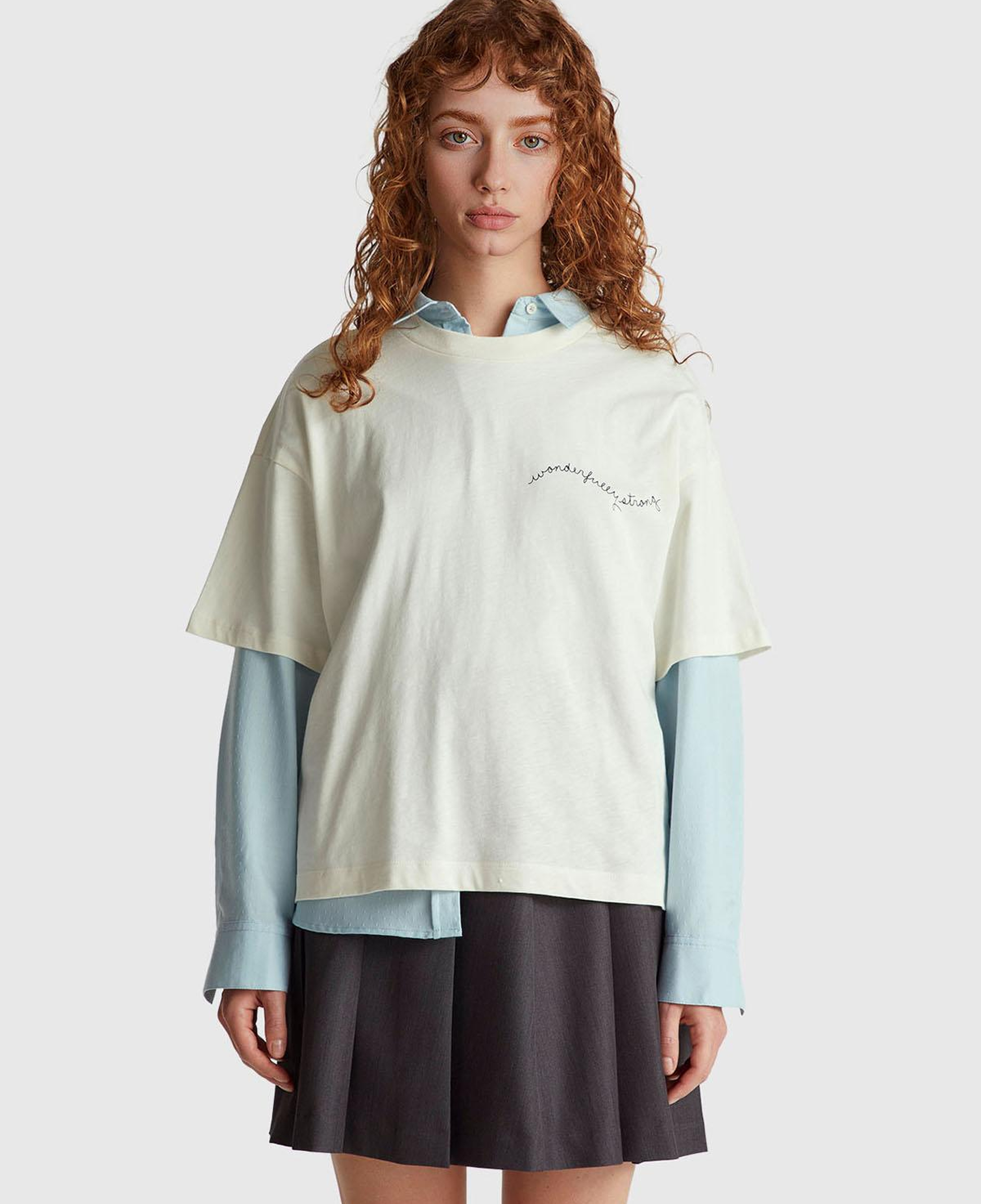 Kadın Krem %100 Pamuk Göğsü Yazı Baskılı Bisiklet Yaka T-Shirt