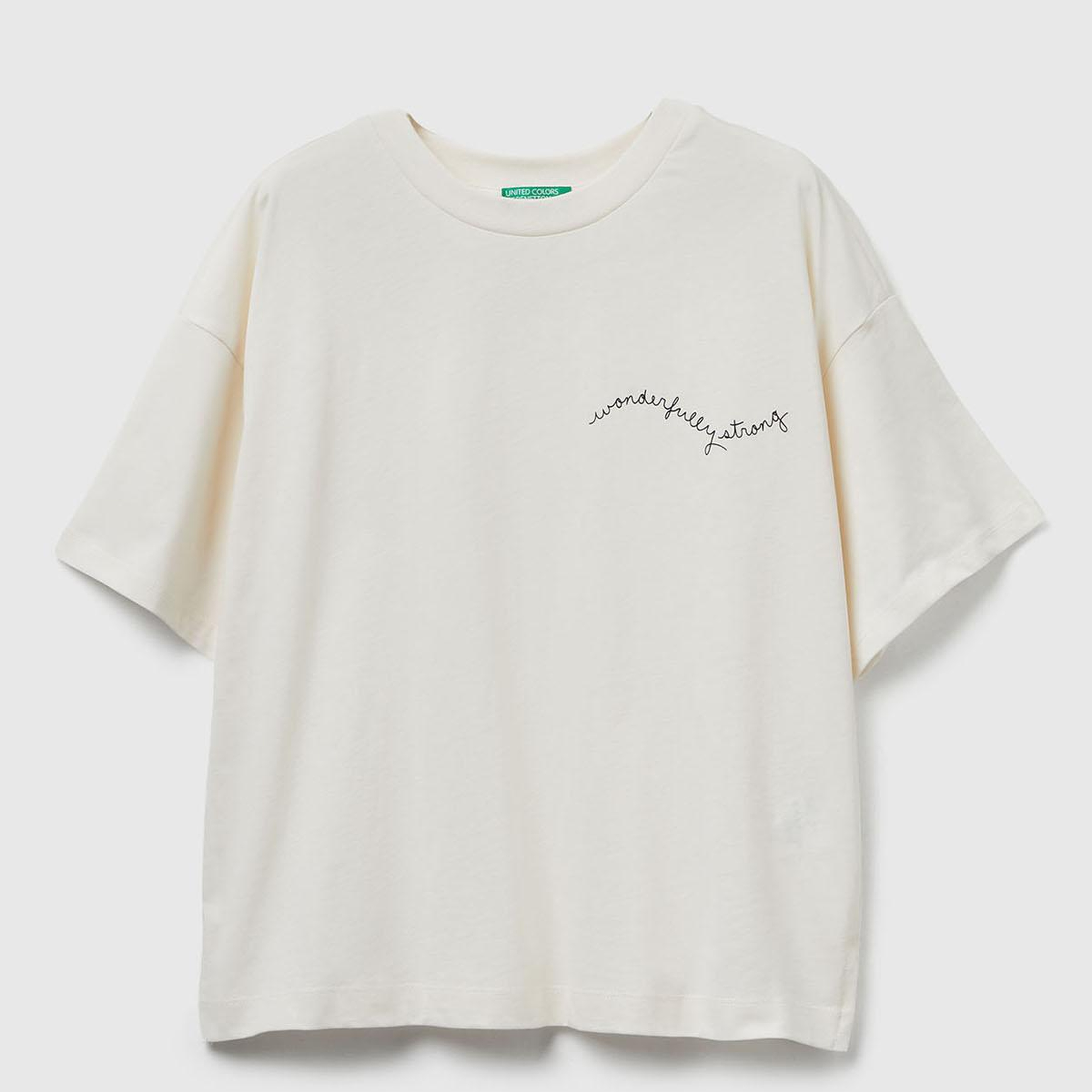 Kadın Krem %100 Pamuk Göğsü Yazı Baskılı Bisiklet Yaka T-Shirt