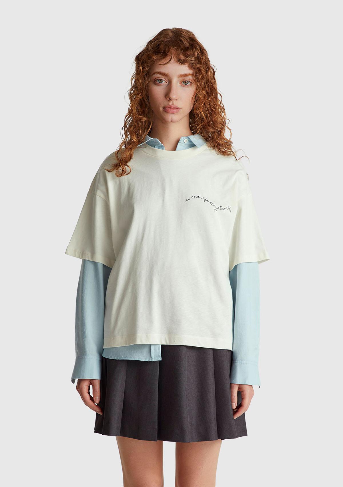 Kadın Krem %100 Pamuk Göğsü Yazı Baskılı Bisiklet Yaka T-Shirt