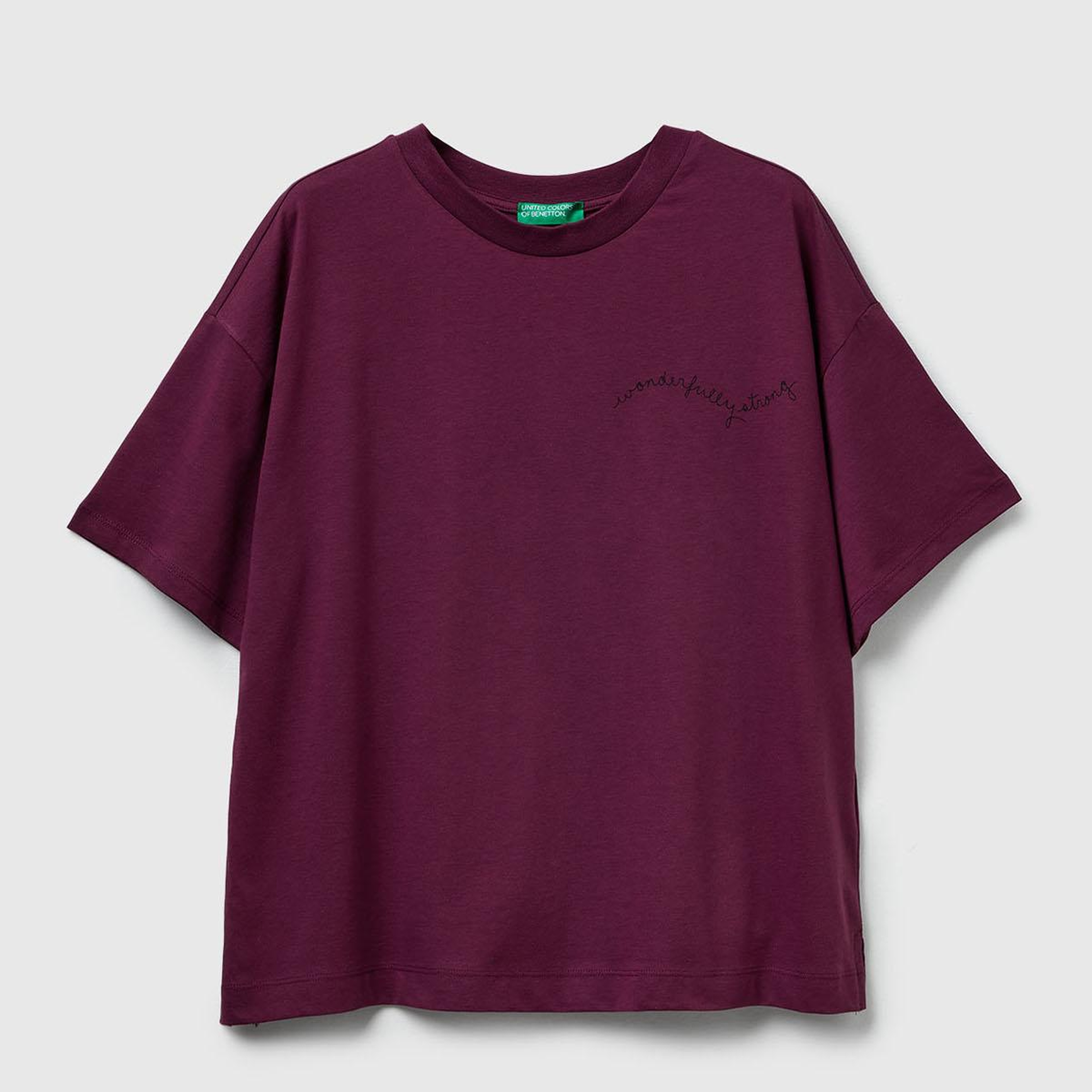 Kadın Mürdüm %100 Pamuk Göğsü Yazı Baskılı Bisiklet Yaka T-Shirt