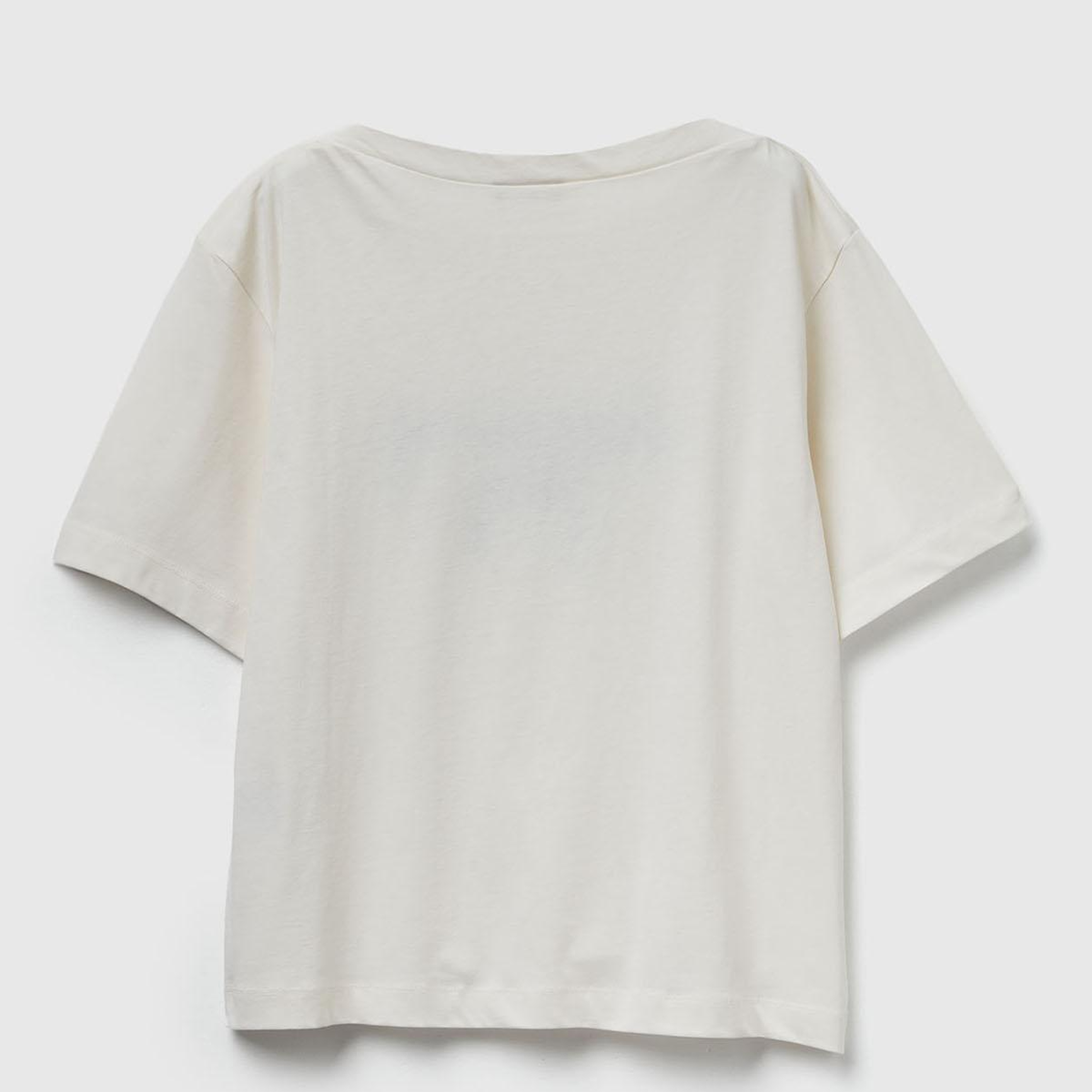 Kadın Krem %100 Pamuk Önü Yazı İşlemeli Kayık Yaka T-Shirt