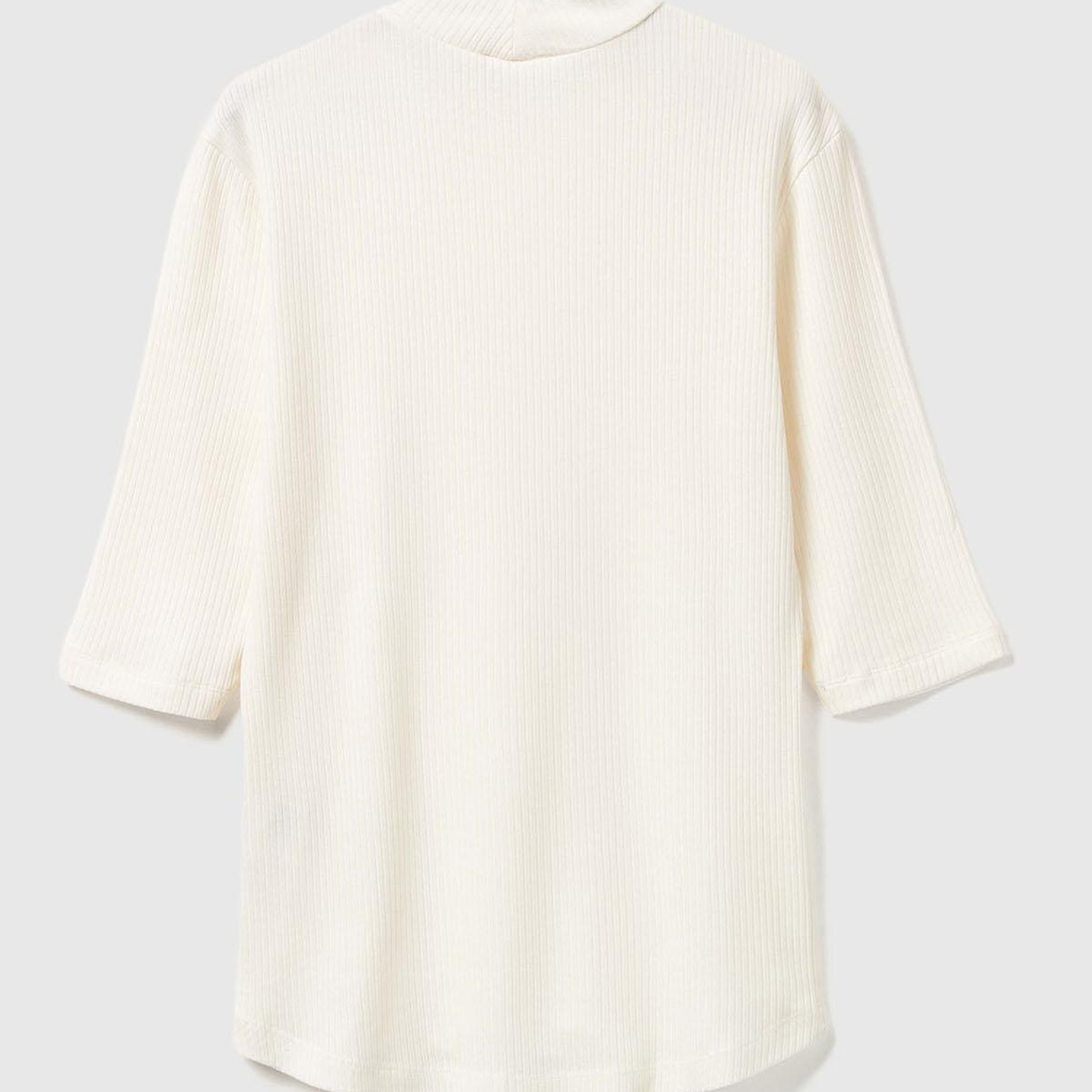 Kadın Krem Liyosel Karşımlı Yarım Kol Slim Fit Dik Yaka T-Shirt