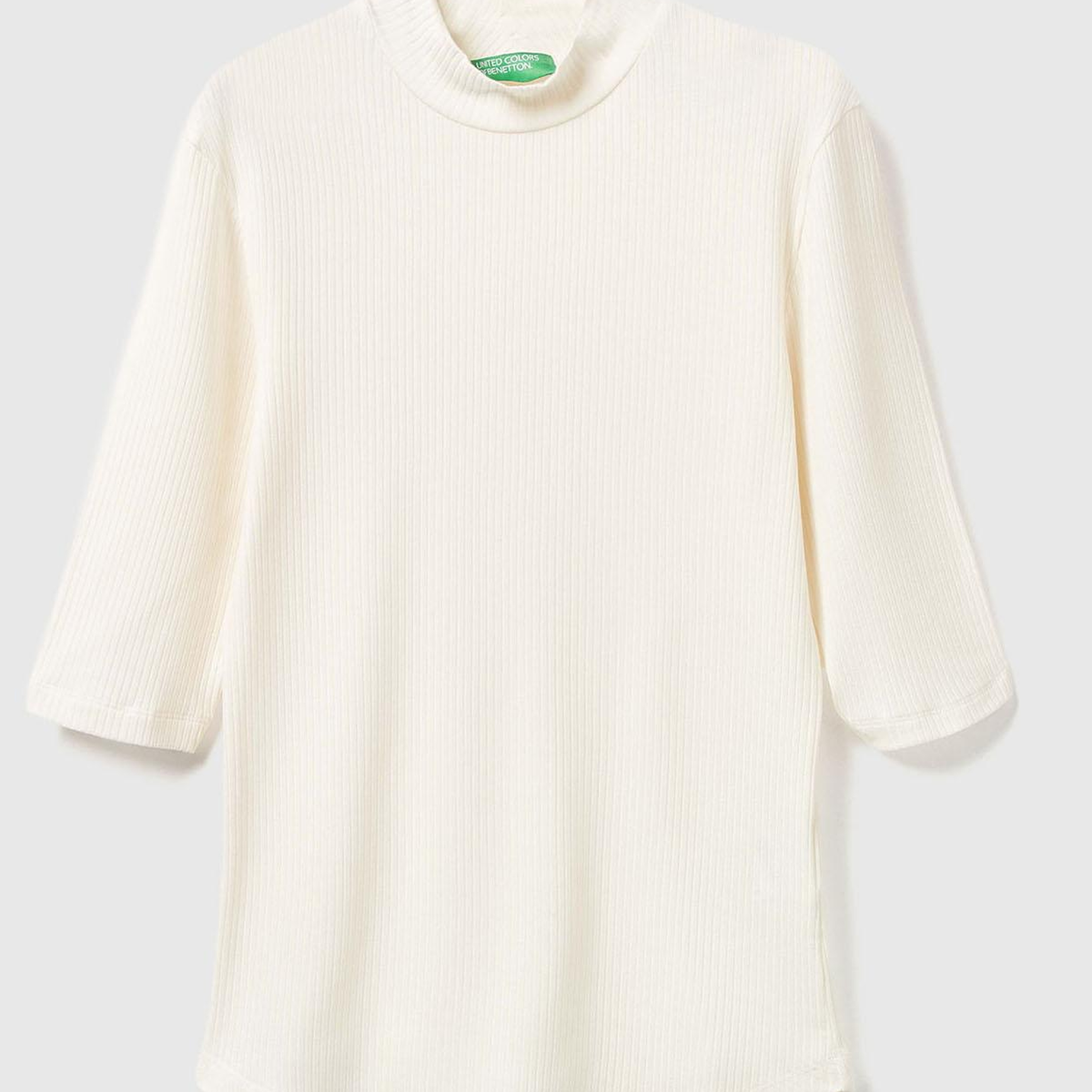 Kadın Krem Liyosel Karşımlı Yarım Kol Slim Fit Dik Yaka T-Shirt