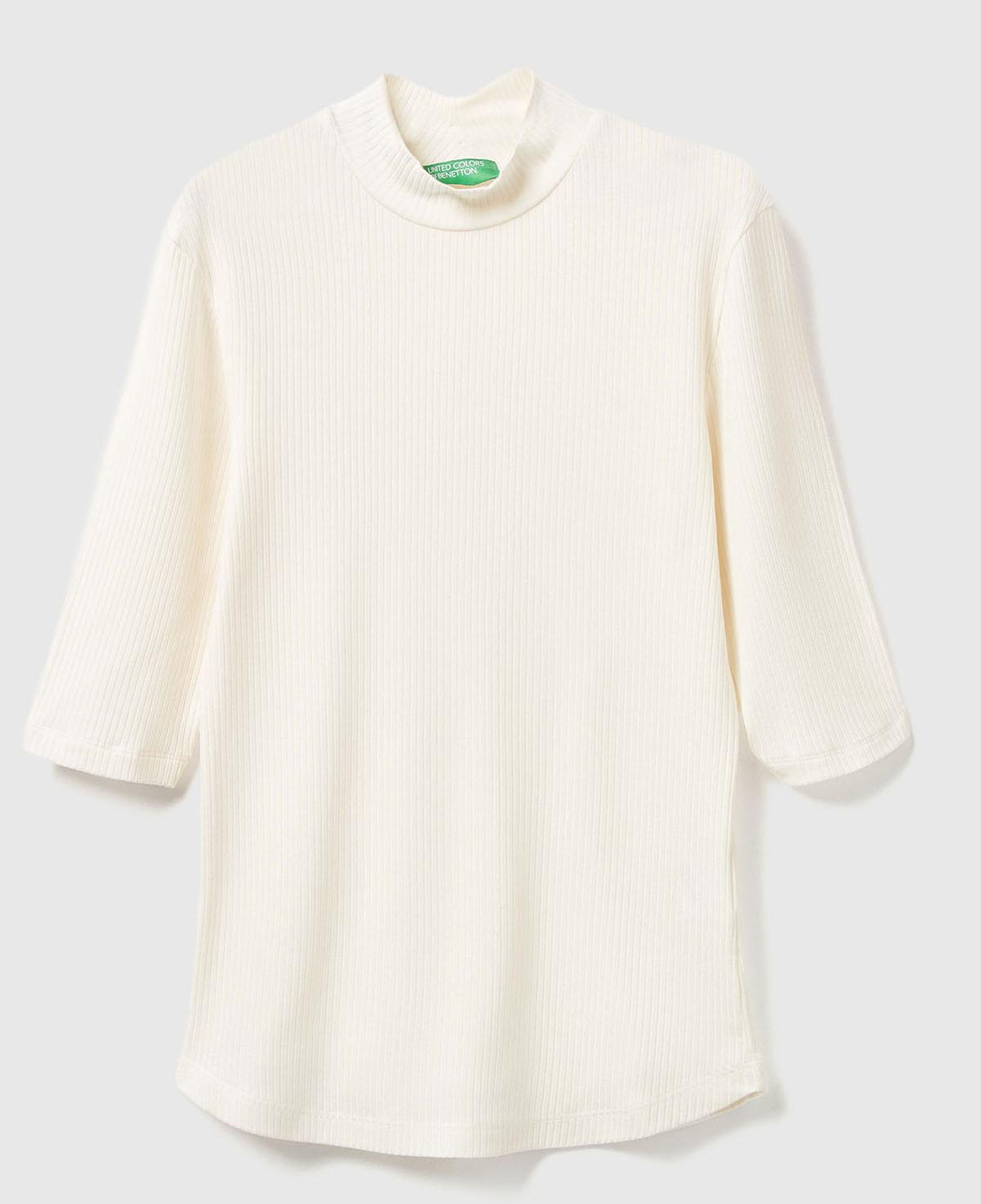 Kadın Krem Liyosel Karşımlı Yarım Kol Slim Fit Dik Yaka T-Shirt