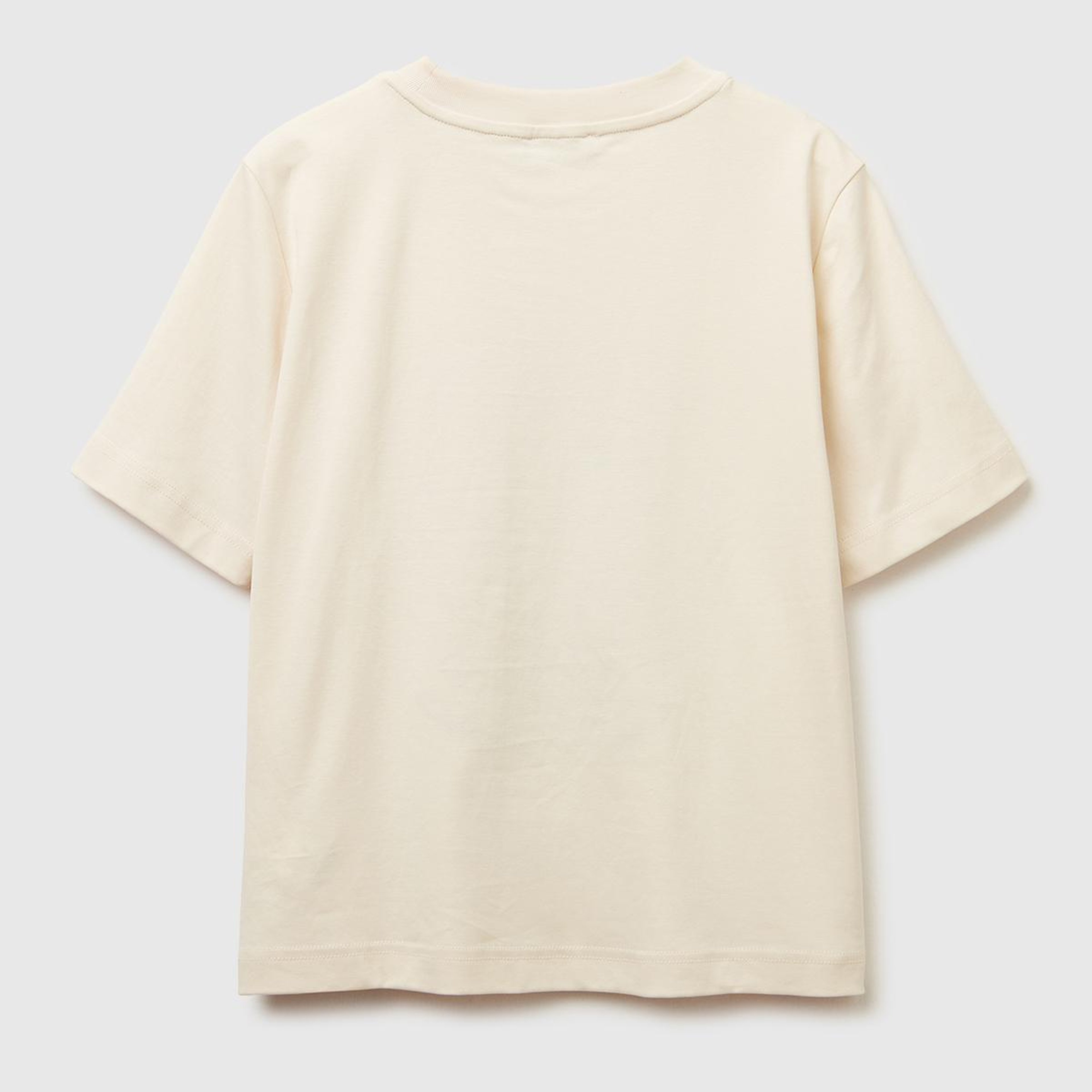 Kadın Krem %100 Pamuk Önü Çiçek İşlemeli Bisiklet Yaka T-Shirt