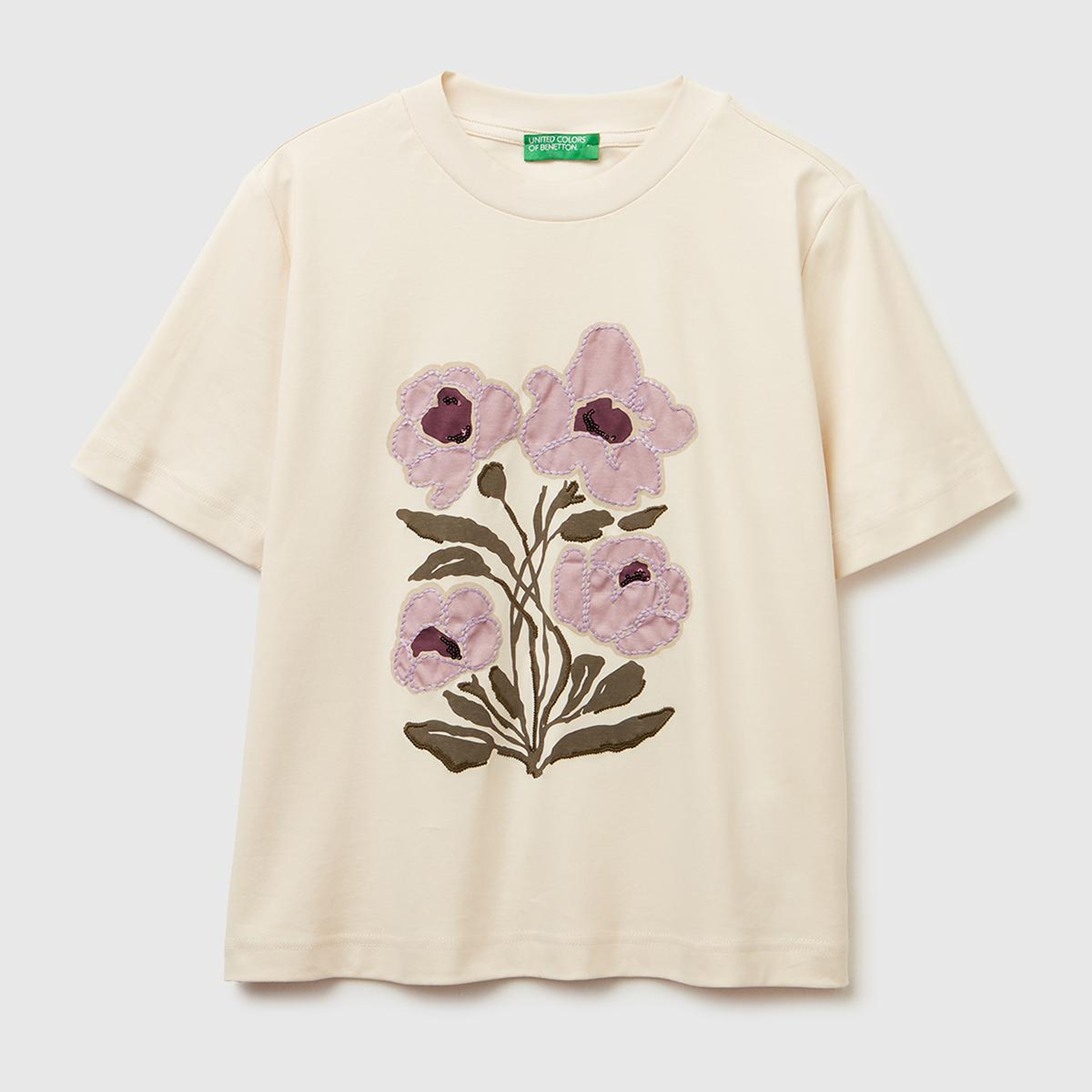 Kadın Krem %100 Pamuk Önü Çiçek İşlemeli Bisiklet Yaka T-Shirt