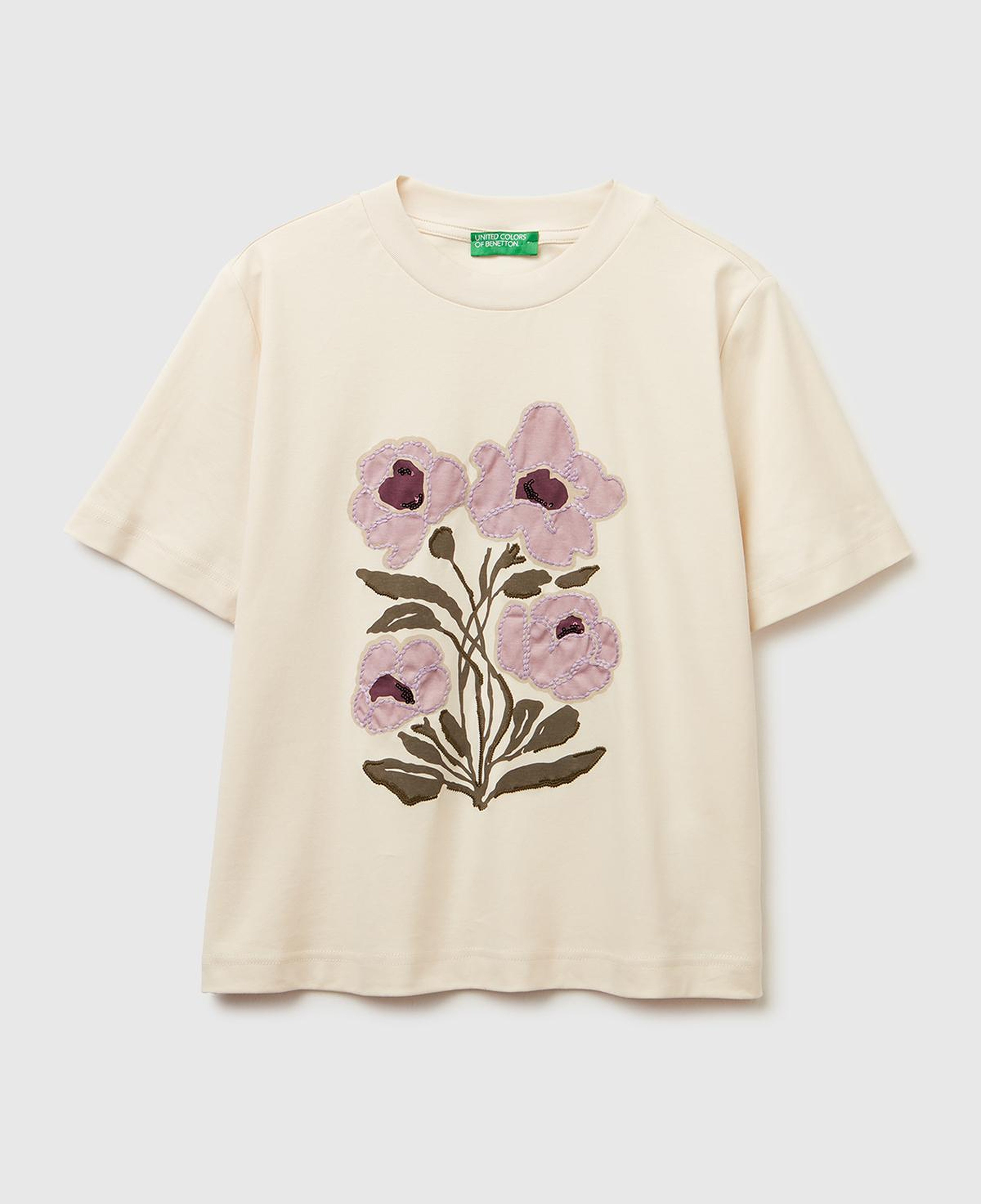 Kadın Krem %100 Pamuk Önü Çiçek İşlemeli Bisiklet Yaka T-Shirt