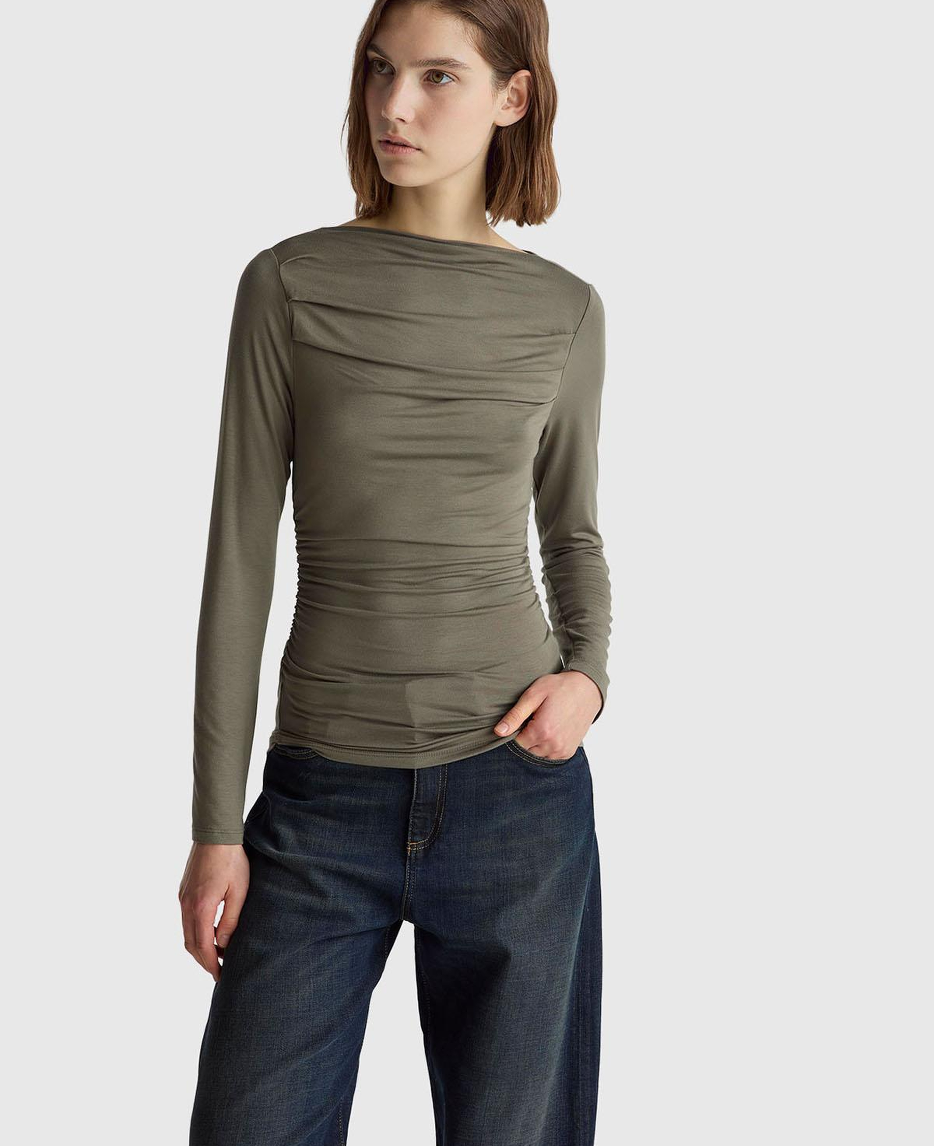 Kadın Haki Modal Karışımlı Slim Fit Kayık Yaka Uzun Kollu T-Shirt