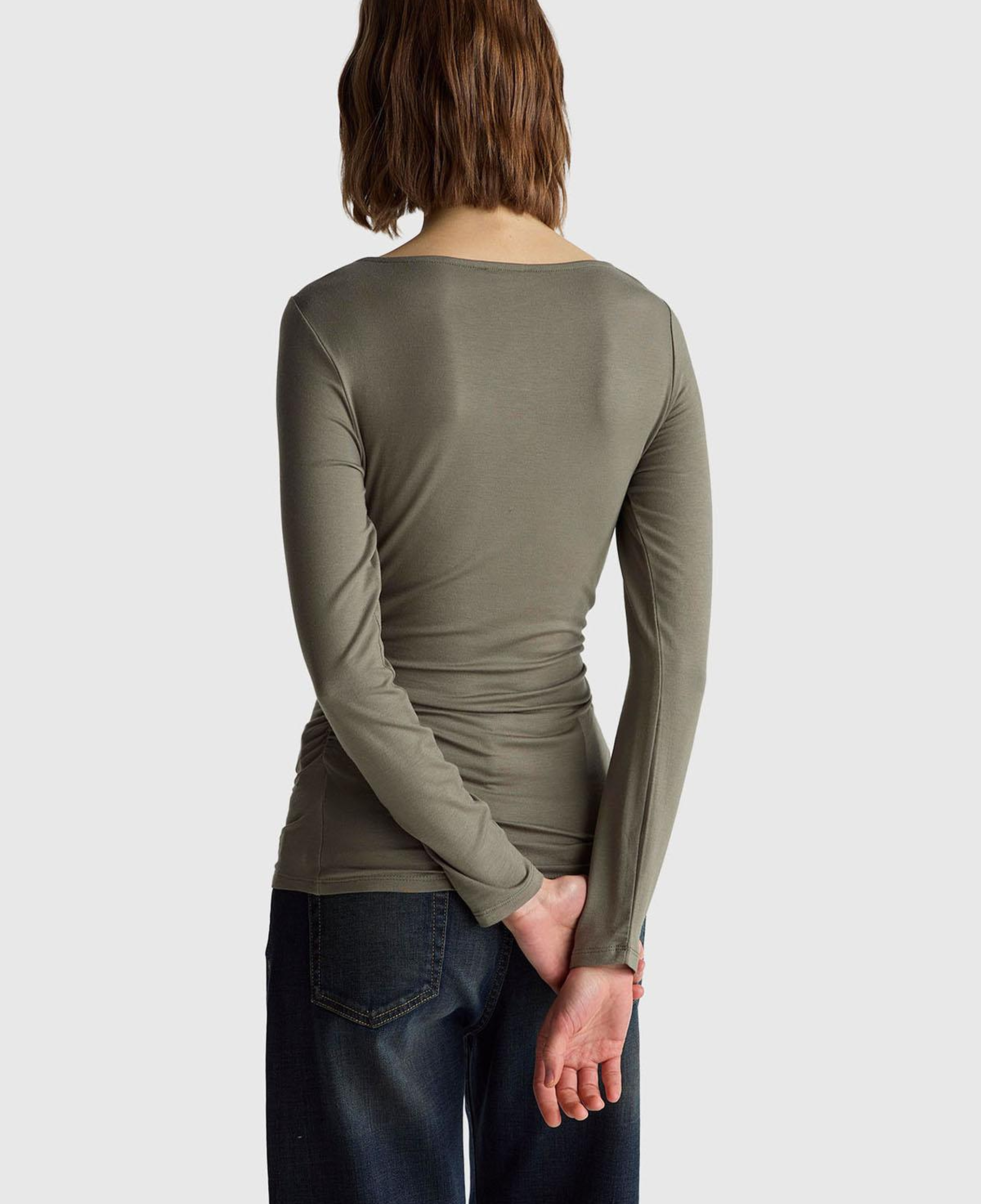 Kadın Haki Modal Karışımlı Slim Fit Kayık Yaka Uzun Kollu T-Shirt