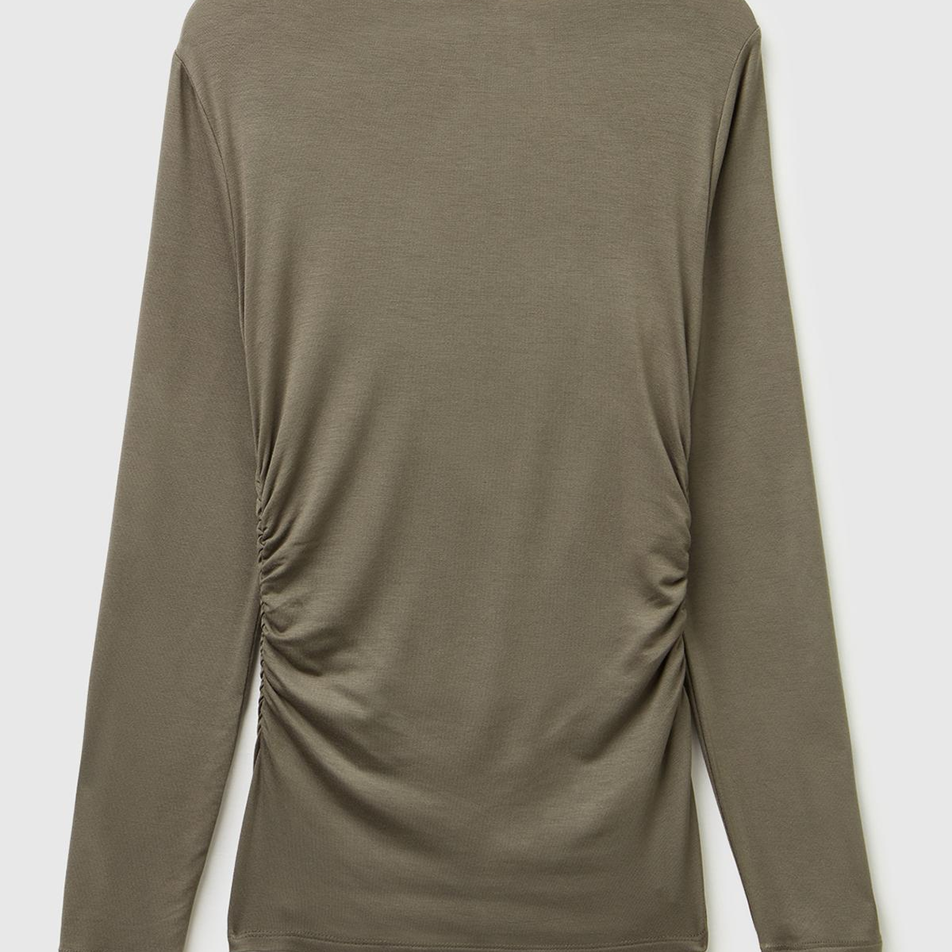 Kadın Haki Modal Karışımlı Slim Fit Kayık Yaka Uzun Kollu T-Shirt