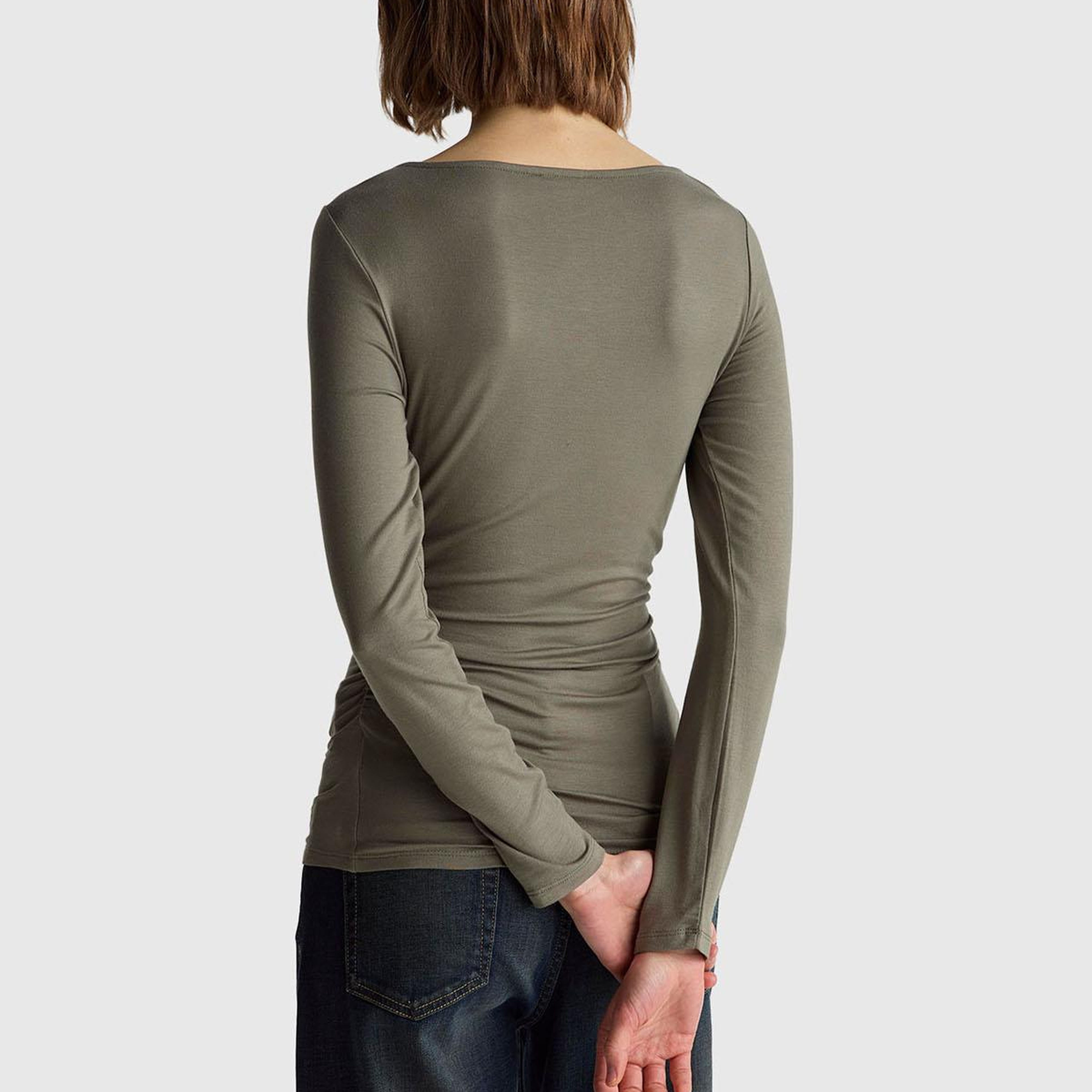 Kadın Haki Modal Karışımlı Slim Fit Kayık Yaka Uzun Kollu T-Shirt