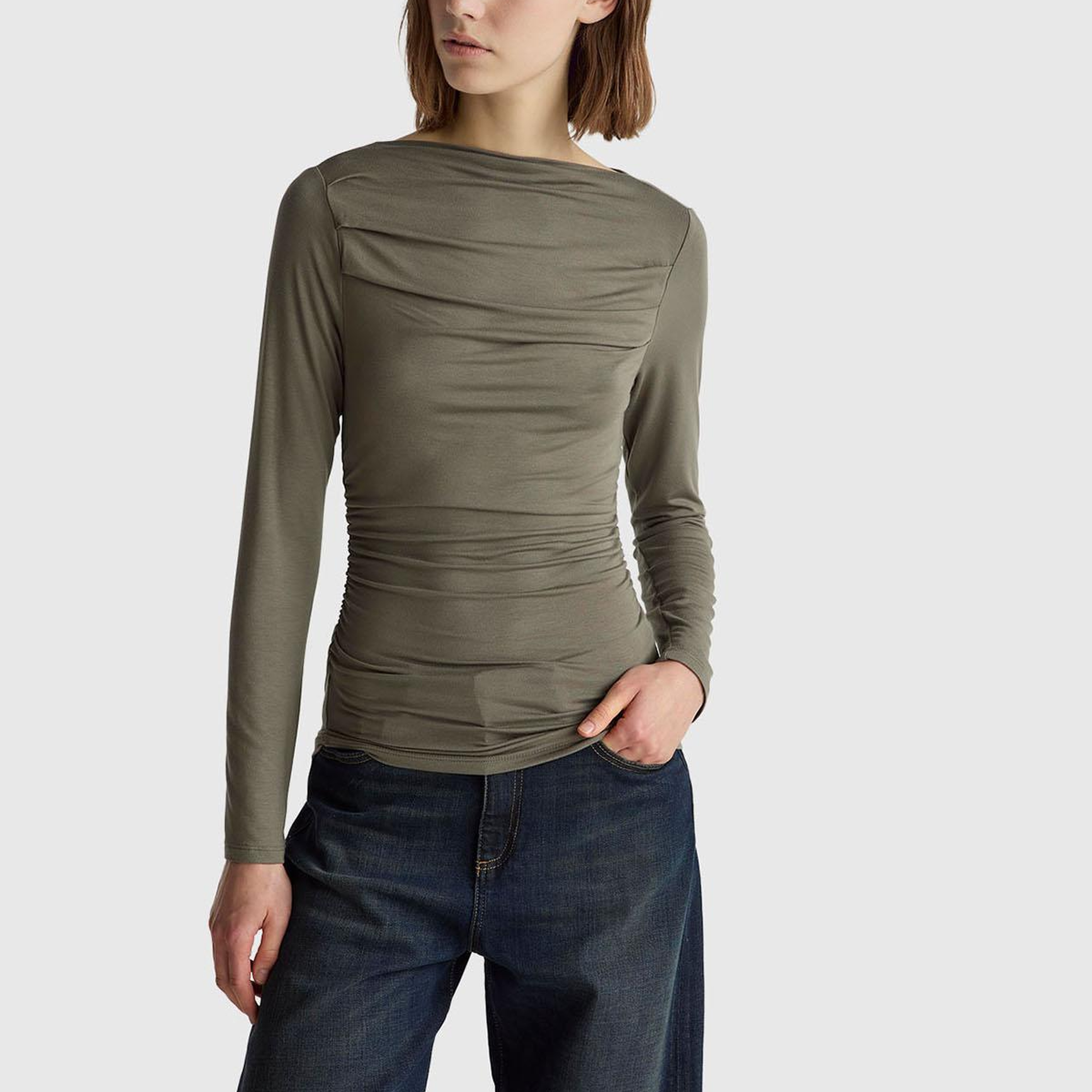 Kadın Haki Modal Karışımlı Slim Fit Kayık Yaka Uzun Kollu T-Shirt