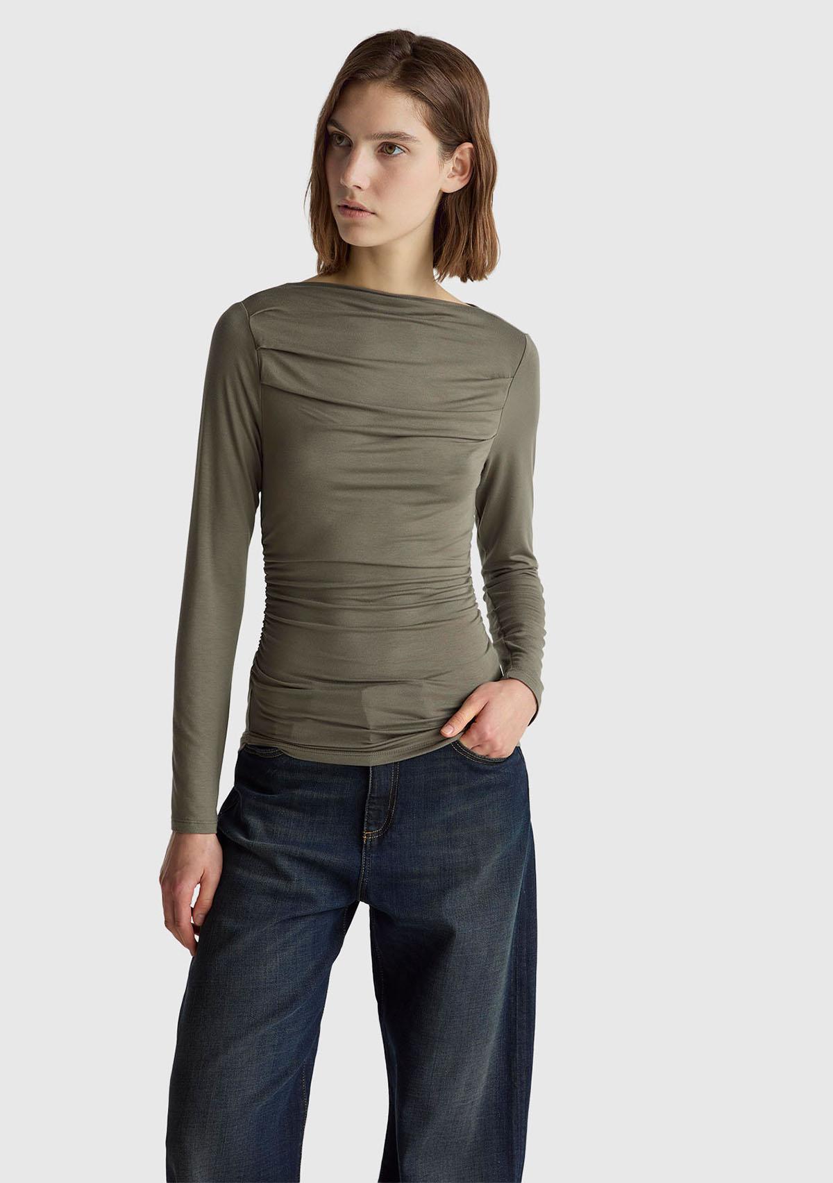 Kadın Haki Modal Karışımlı Slim Fit Kayık Yaka Uzun Kollu T-Shirt