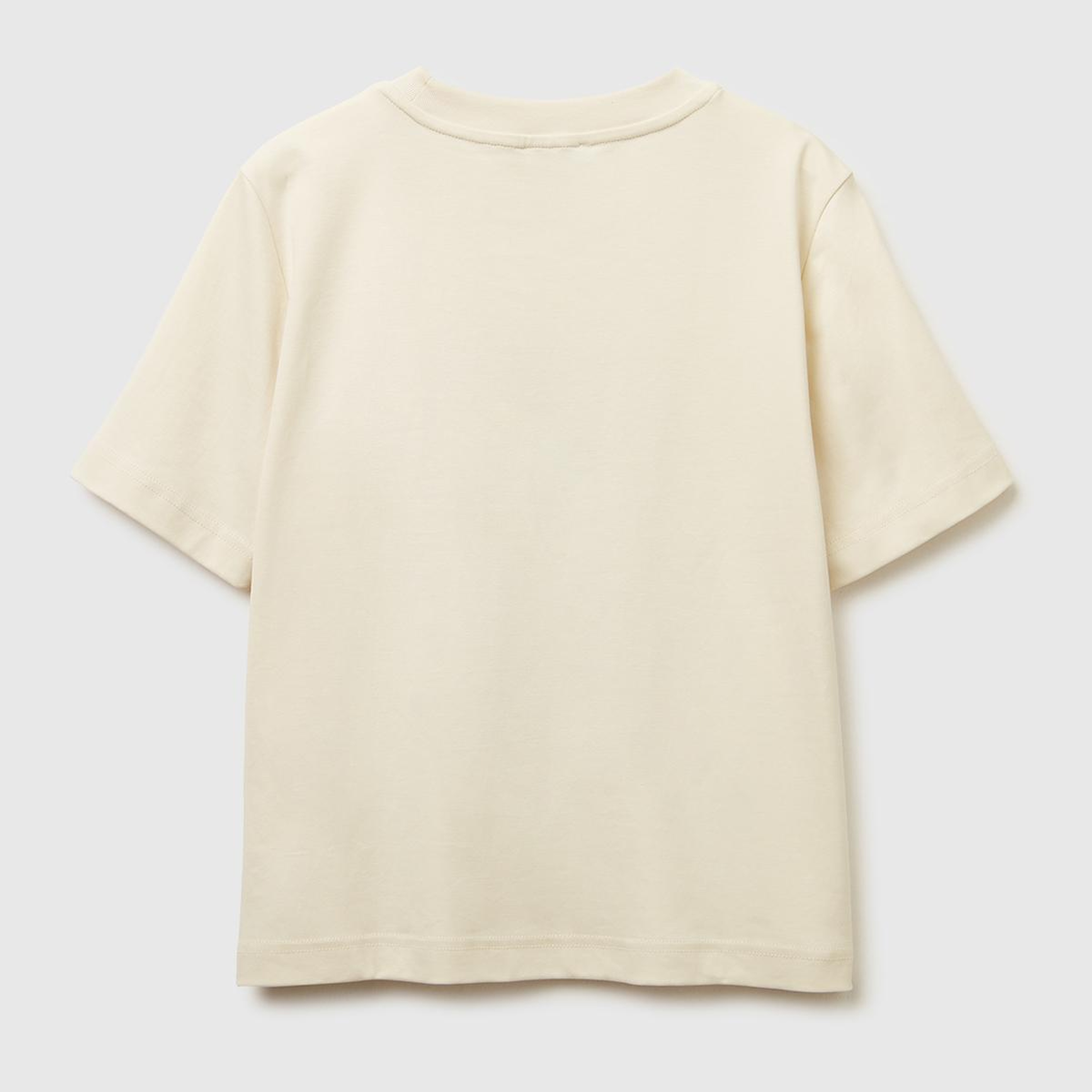 Kadın Krem Desenli %100 Pamuk Önü Çiçek İşlemeli Bisiklet Yaka T-Shirt