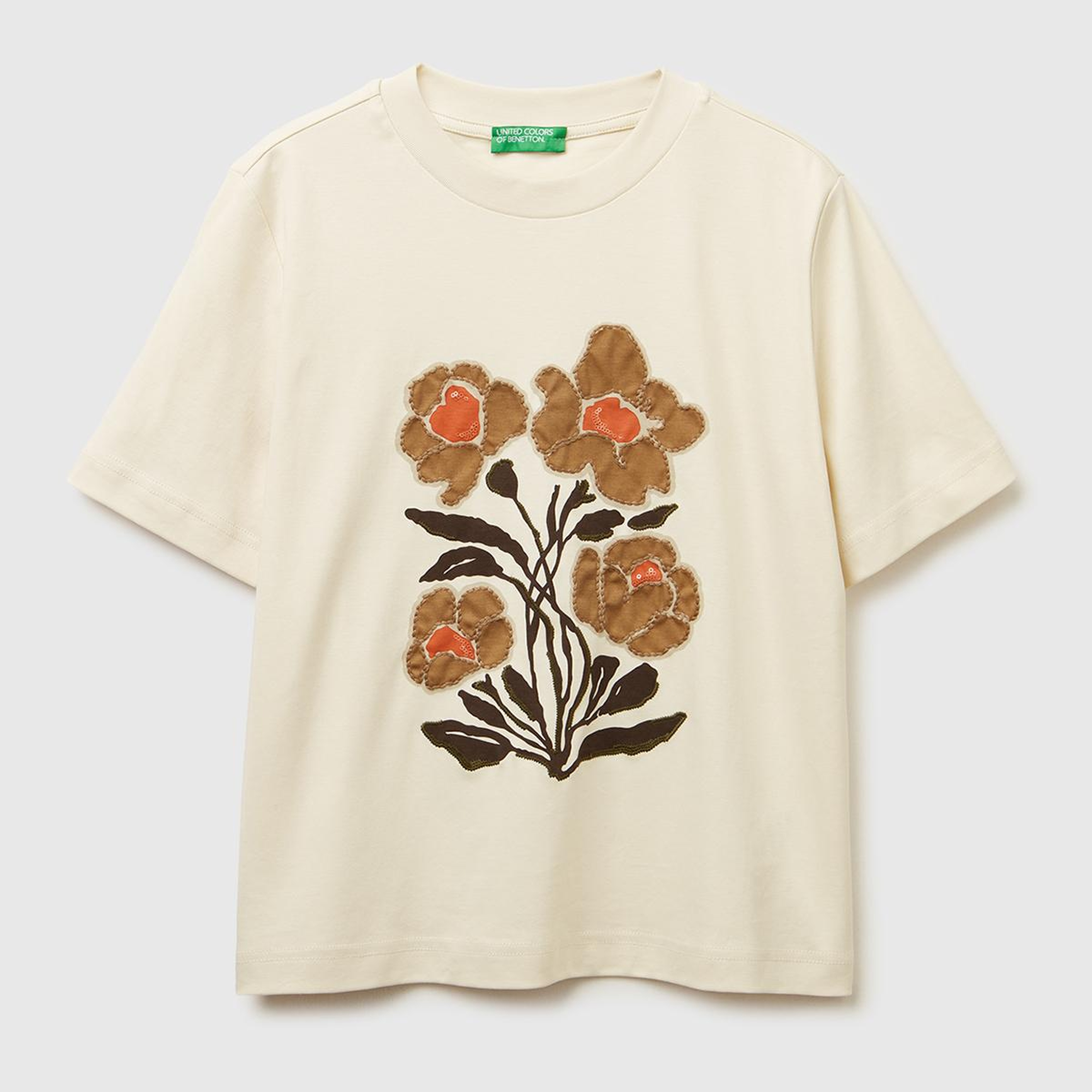 Kadın Krem Desenli %100 Pamuk Önü Çiçek İşlemeli Bisiklet Yaka T-Shirt