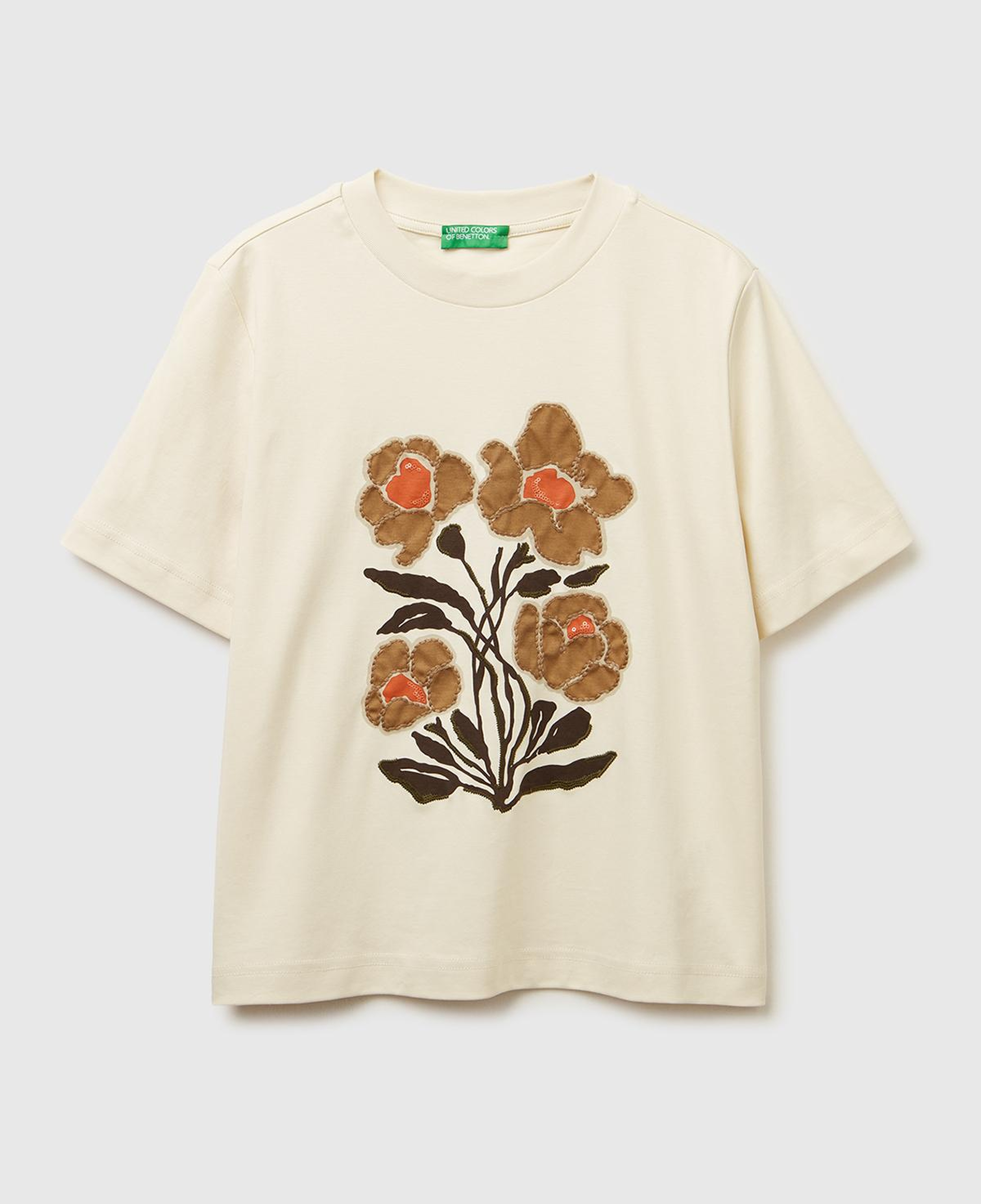 Kadın Krem Desenli %100 Pamuk Önü Çiçek İşlemeli Bisiklet Yaka T-Shirt