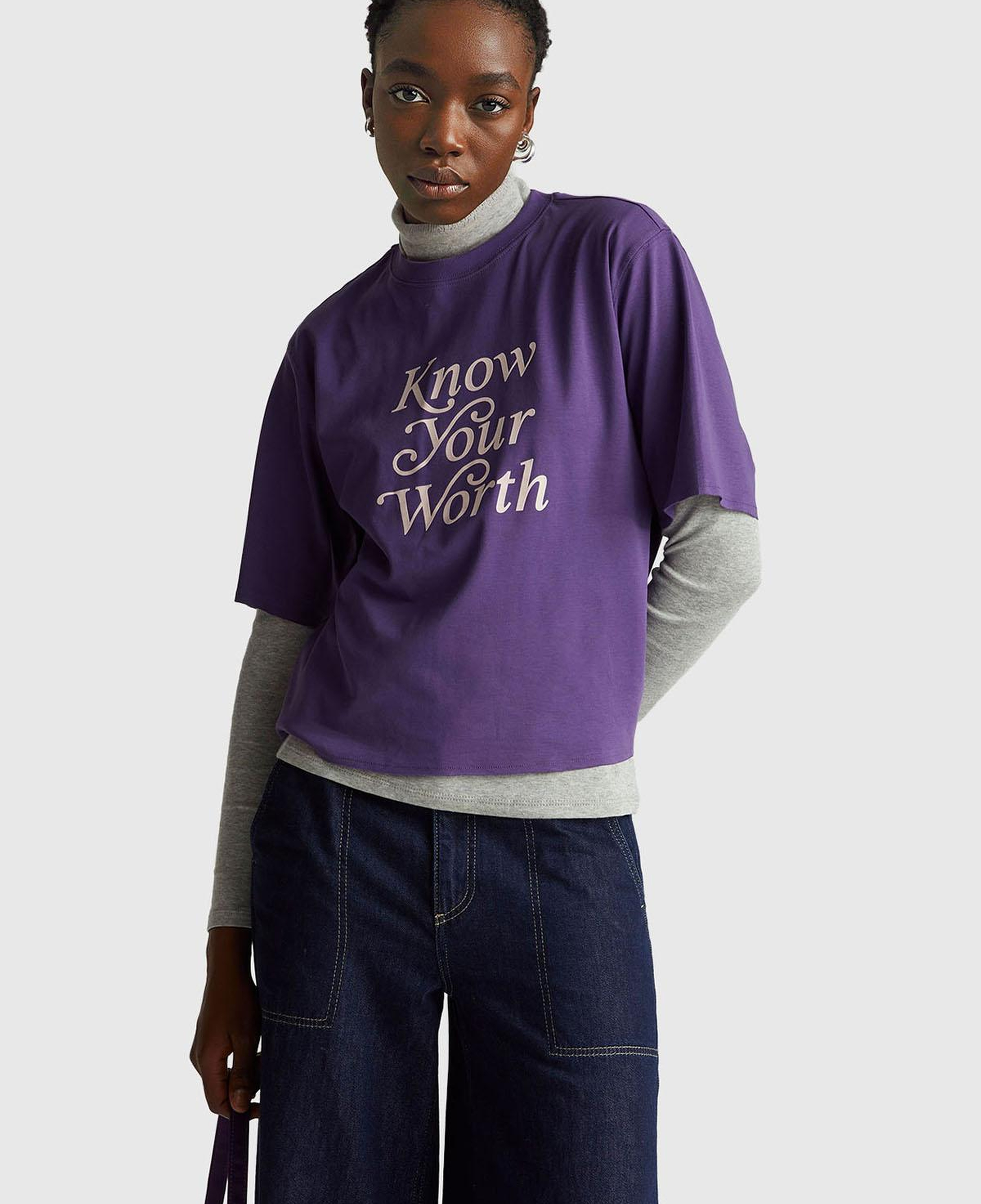 Kadın Mor %100 Pamuk Önü Yazı Baskılı Bisiklet Yaka T-Shirt