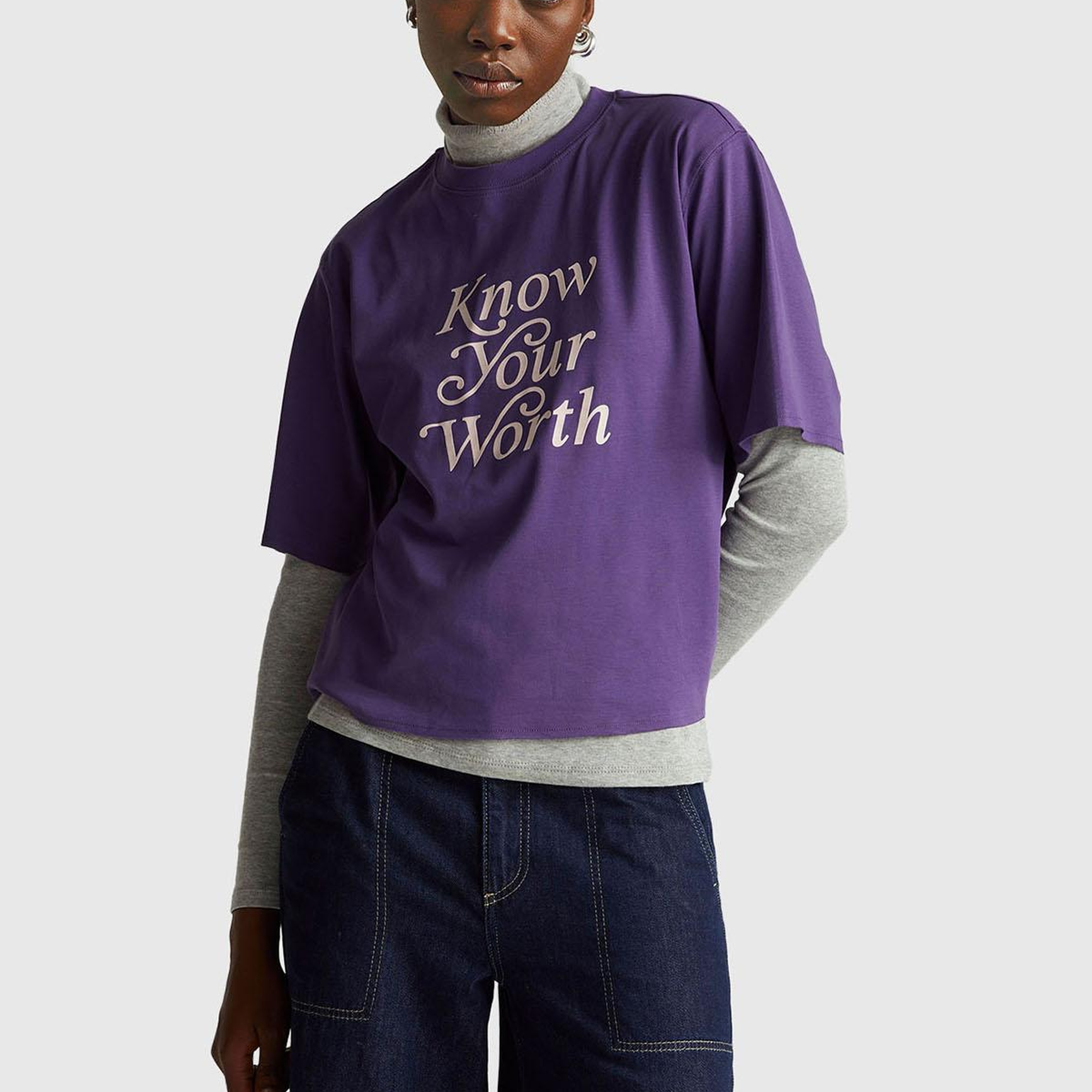 Kadın Mor %100 Pamuk Önü Yazı Baskılı Bisiklet Yaka T-Shirt