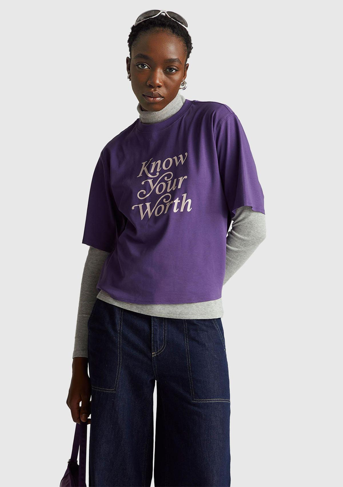 Kadın Mor %100 Pamuk Önü Yazı Baskılı Bisiklet Yaka T-Shirt