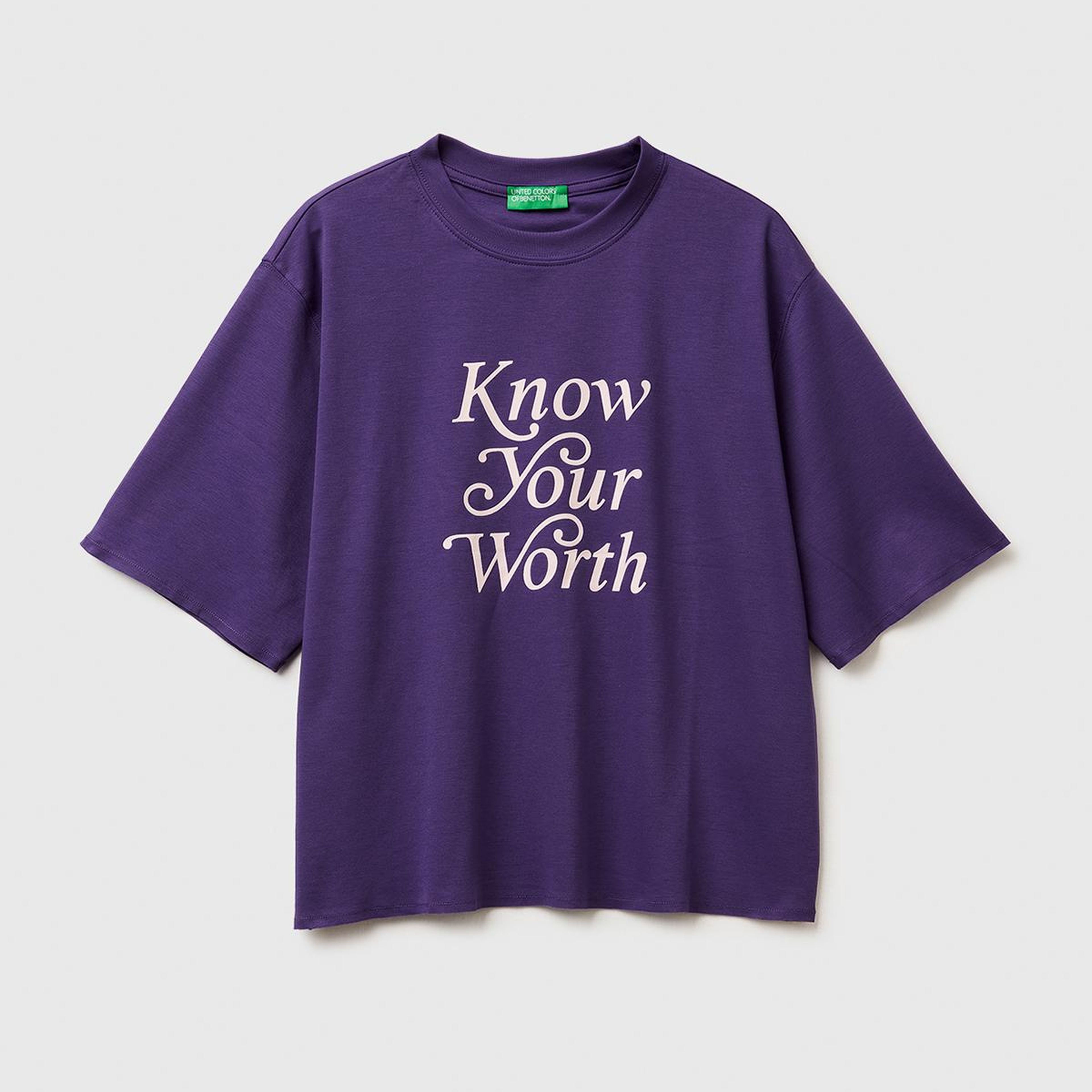 Kadın Mor %100 Pamuk Önü Yazı Baskılı Bisiklet Yaka T-Shirt