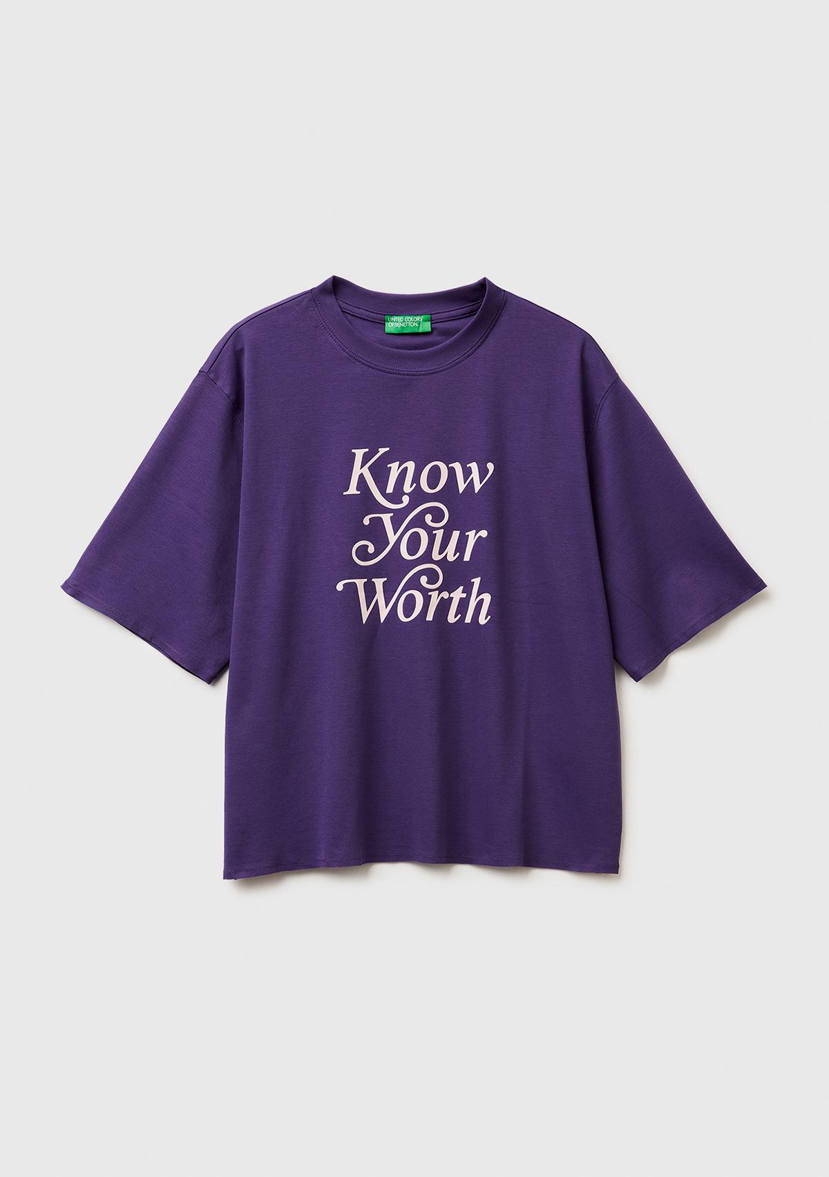 Kadın Mor %100 Pamuk Önü Yazı Baskılı Bisiklet Yaka T-Shirt
