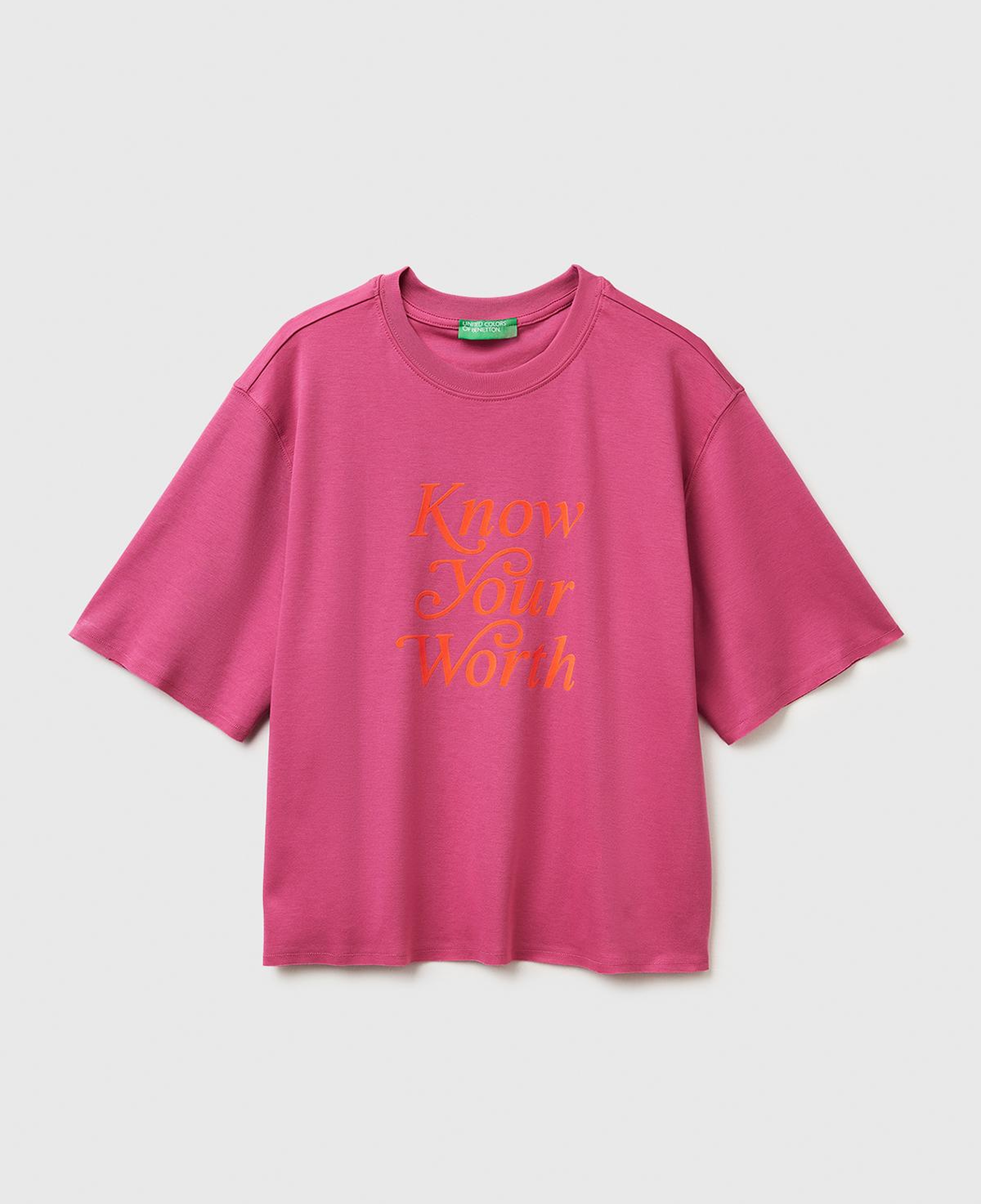 Kadın Koyu Pembe %100 Pamuk Önü Yazı Baskılı Bisiklet Yaka T-Shirt