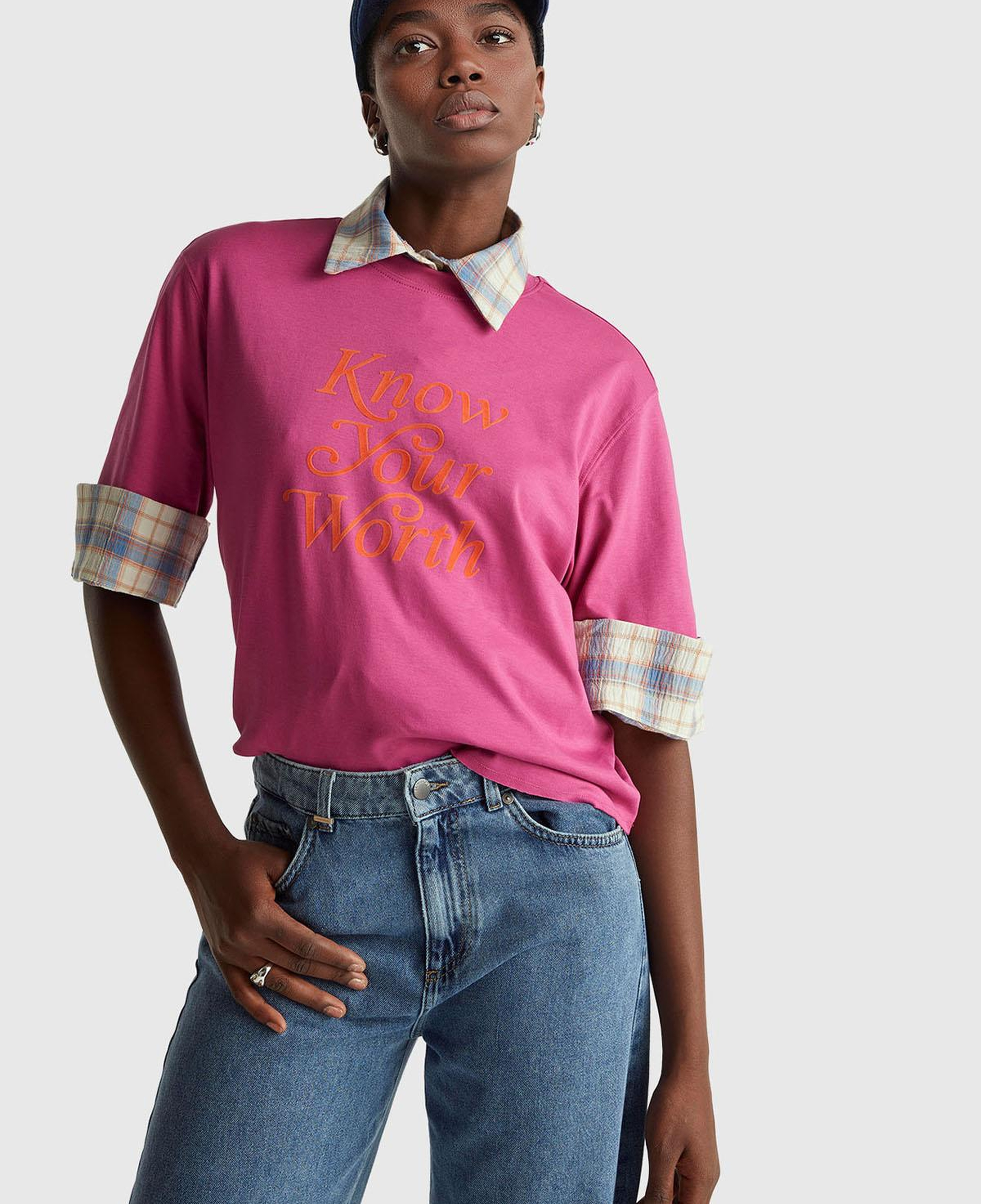 Kadın Koyu Pembe %100 Pamuk Önü Yazı Baskılı Bisiklet Yaka T-Shirt