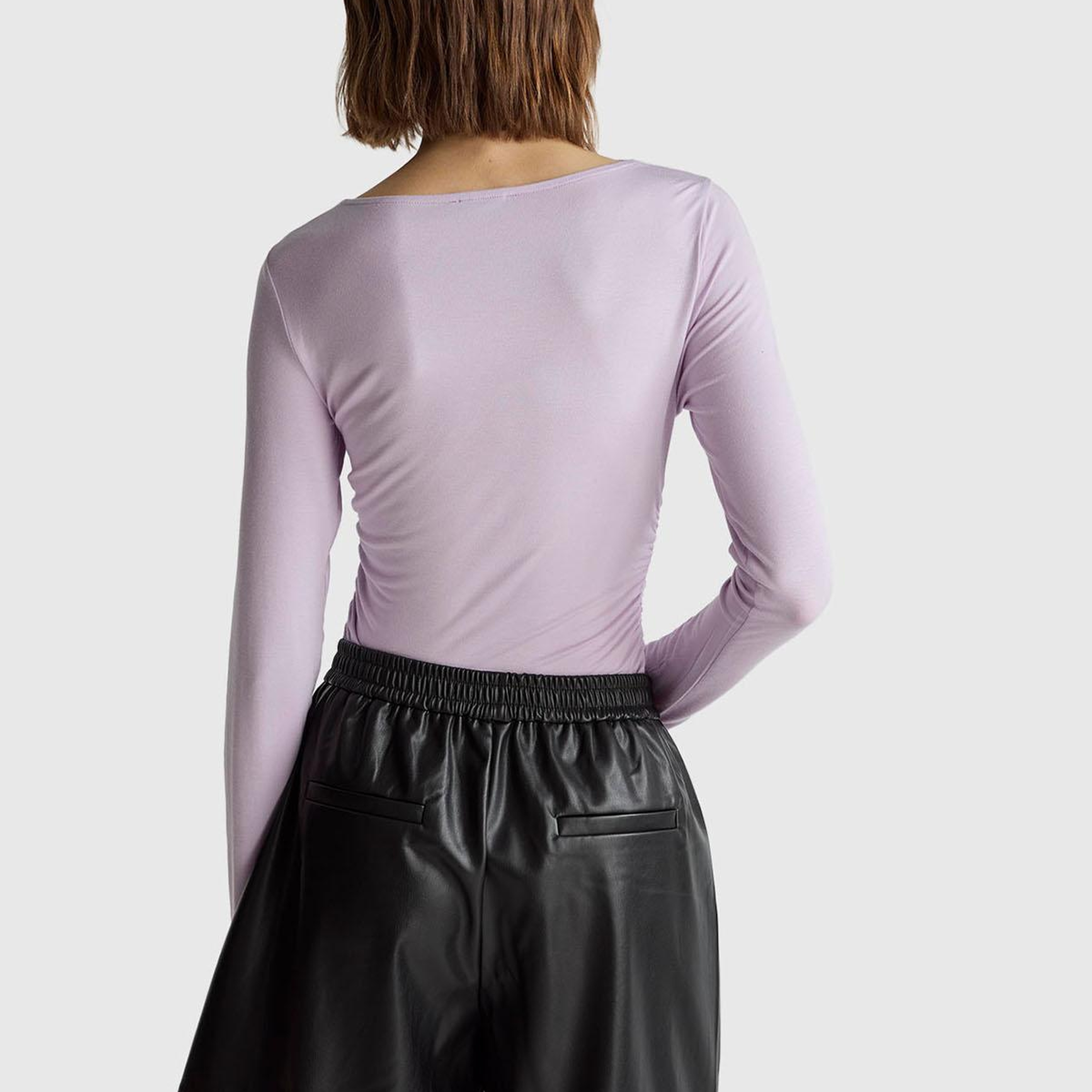 Kadın Lila Modal Karışımlı Slim Fit Kayık Yaka Uzun Kollu T-Shirt