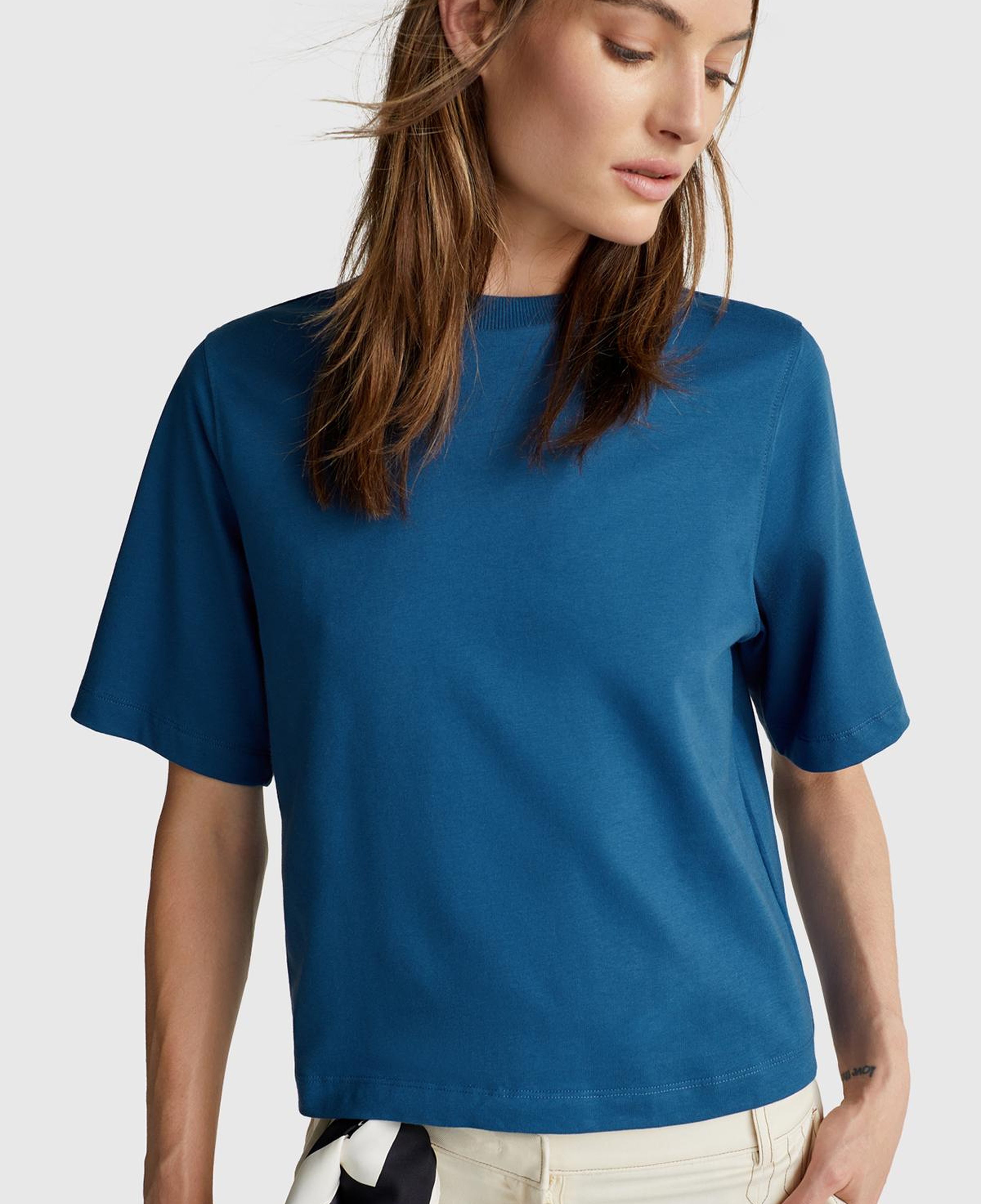Kadın İndigo Mavisi %100 Koton Boxy Fit T-Shirt