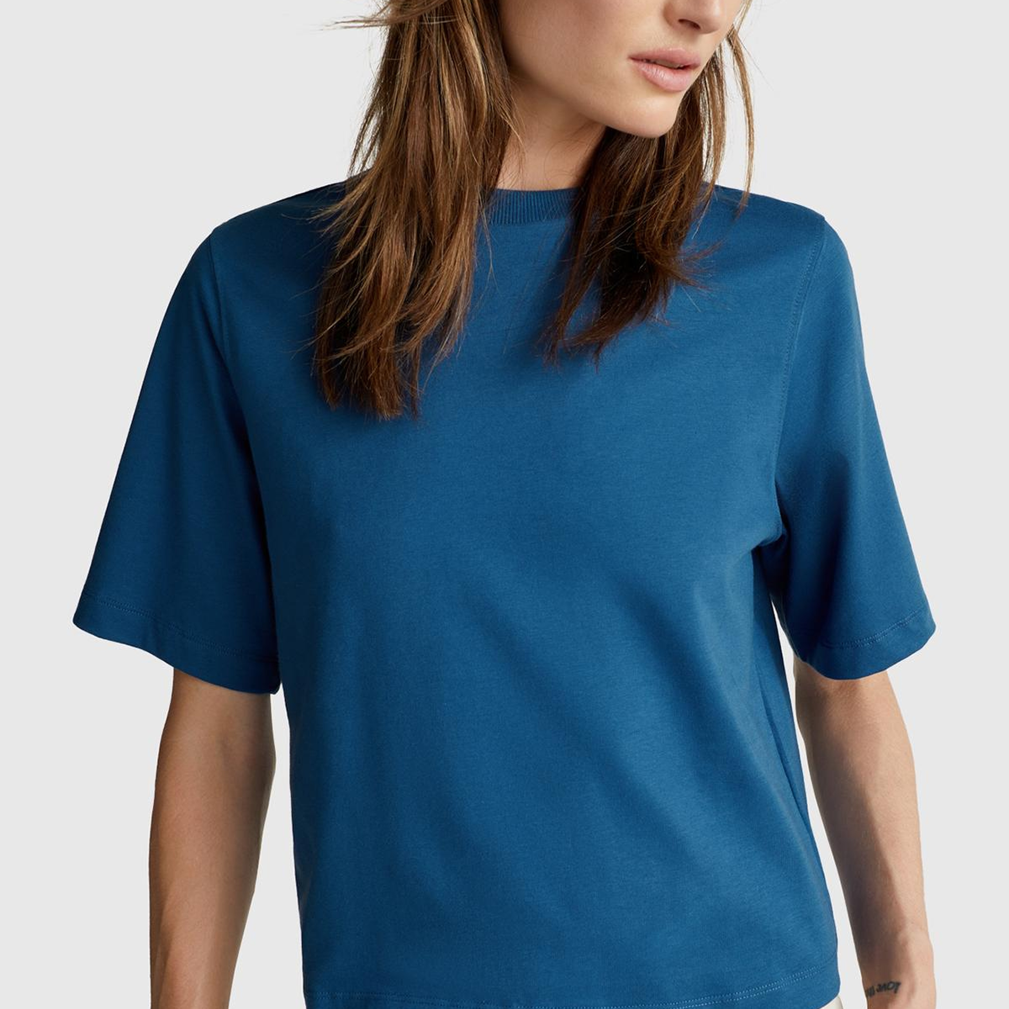 Kadın İndigo Mavisi %100 Koton Boxy Fit T-Shirt