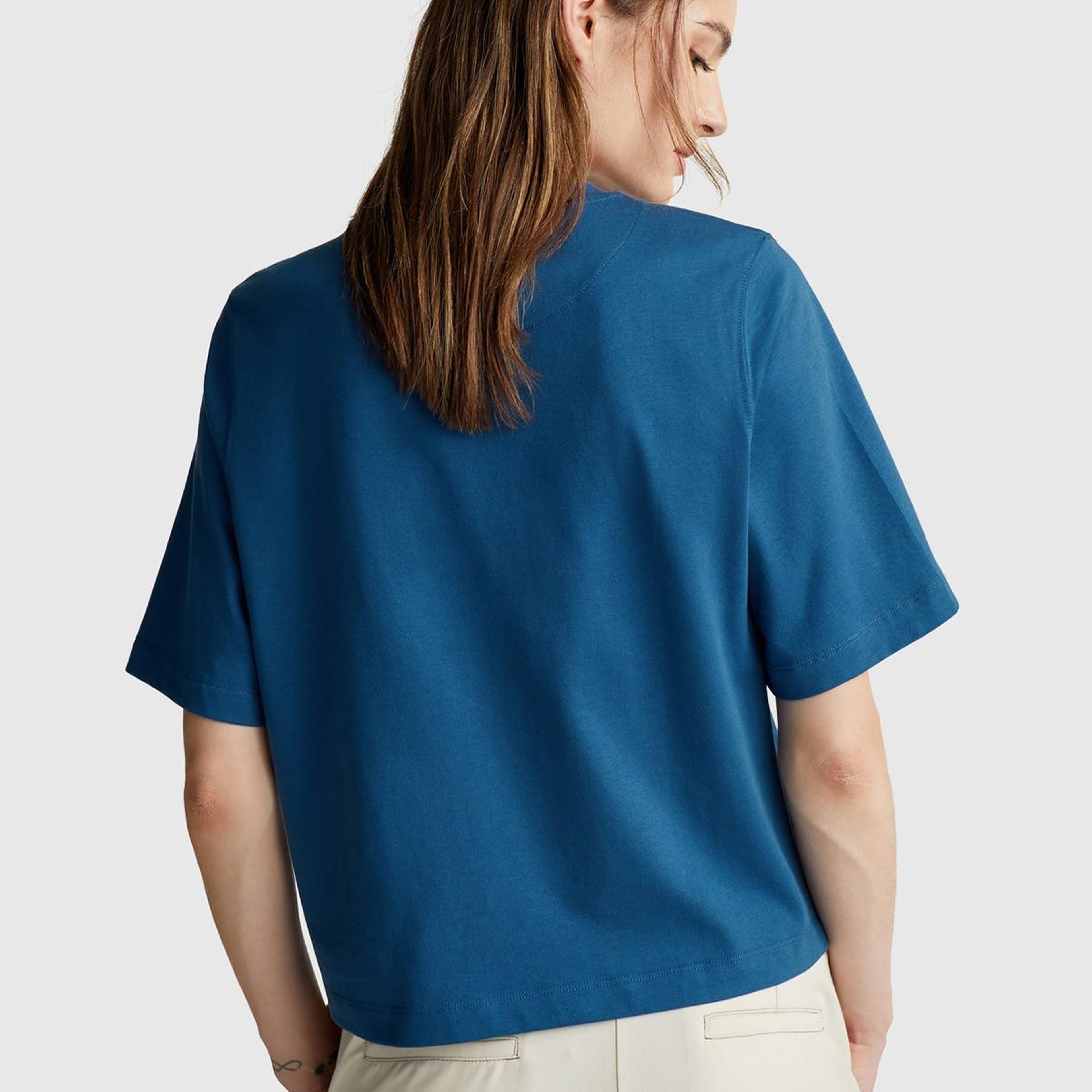 Kadın İndigo Mavisi %100 Koton Boxy Fit T-Shirt