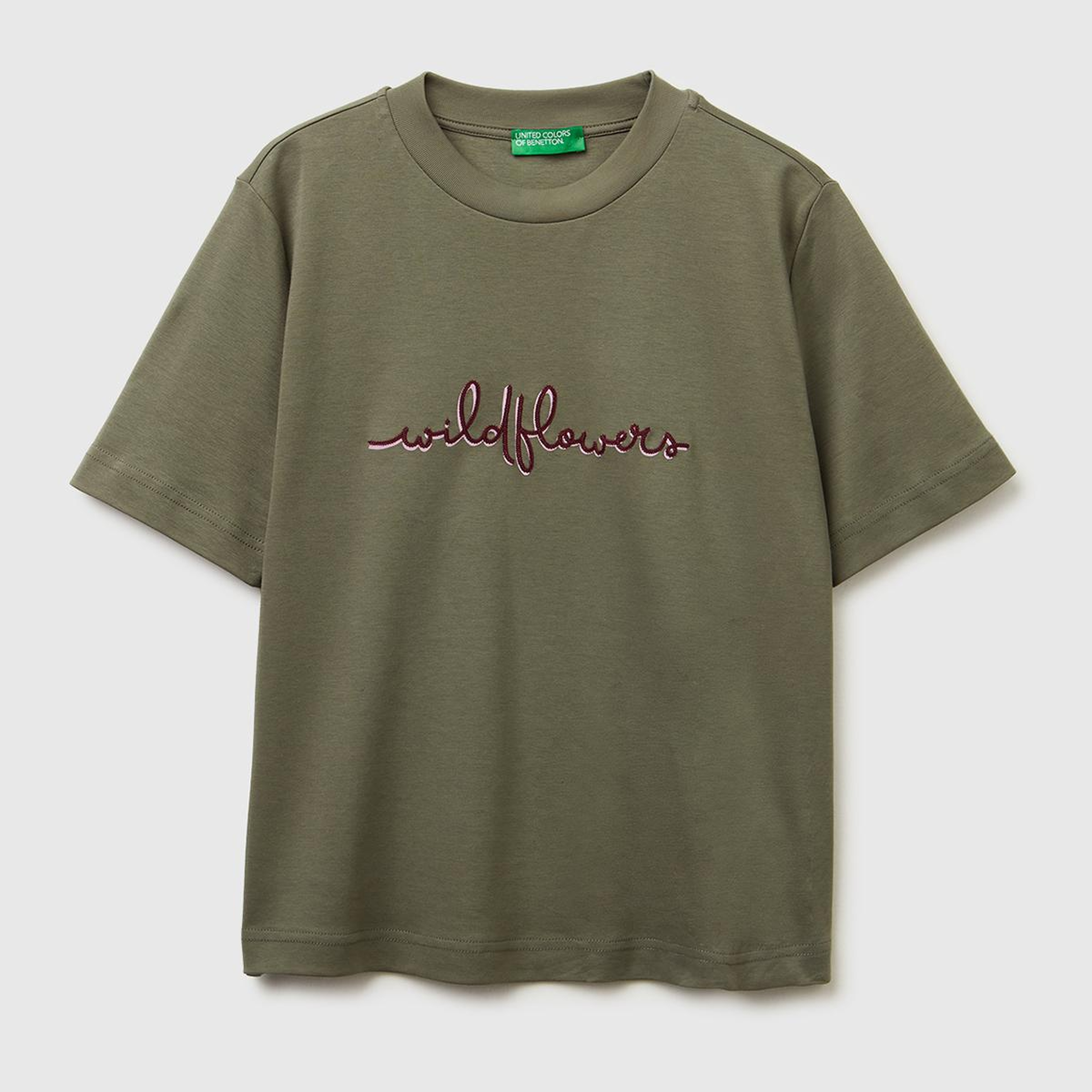 Kadın Haki %100 Pamuk Önü Çiçek İşlemeli Bisiklet Yaka T-Shirt
