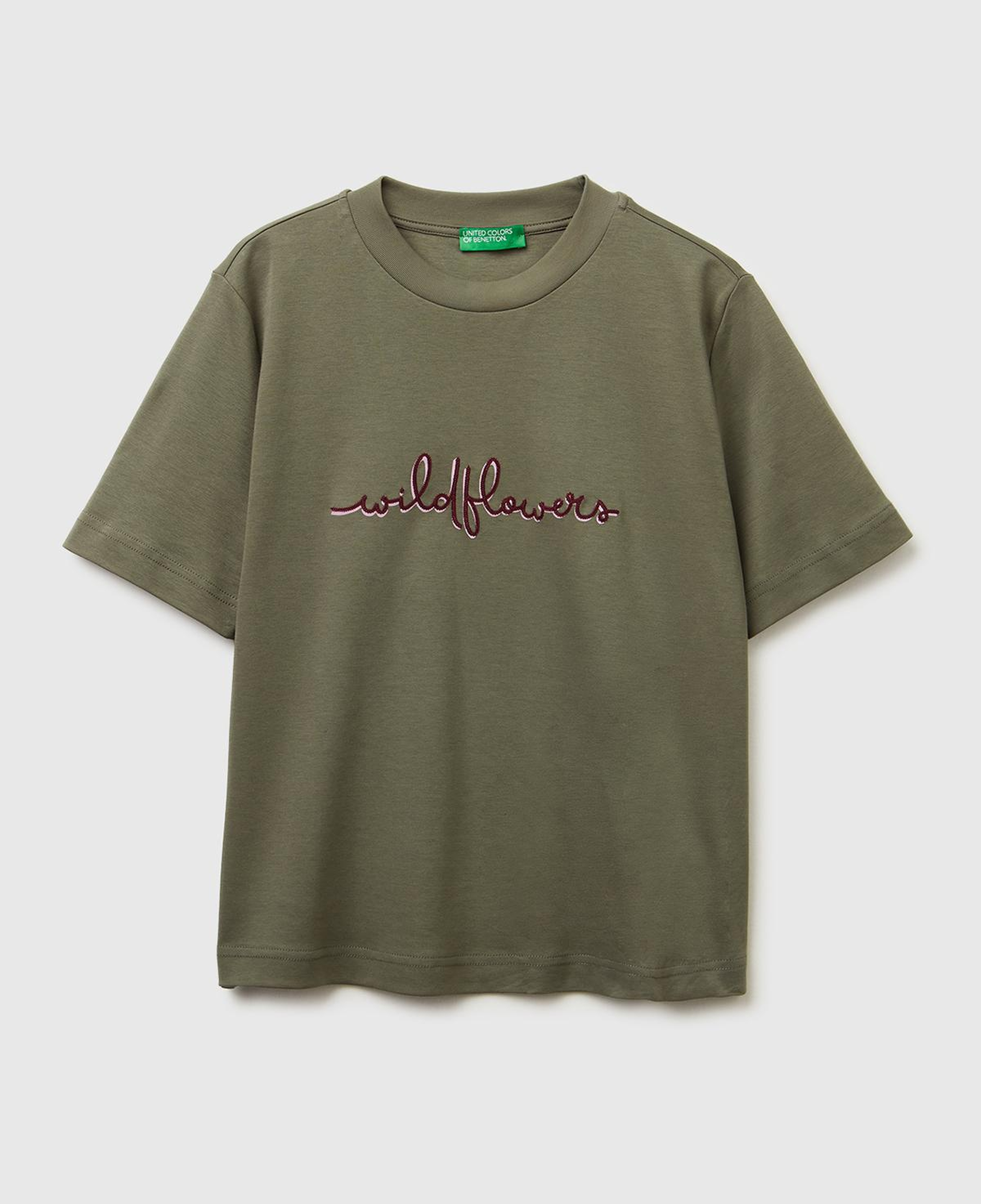 Kadın Haki %100 Pamuk Önü Çiçek İşlemeli Bisiklet Yaka T-Shirt