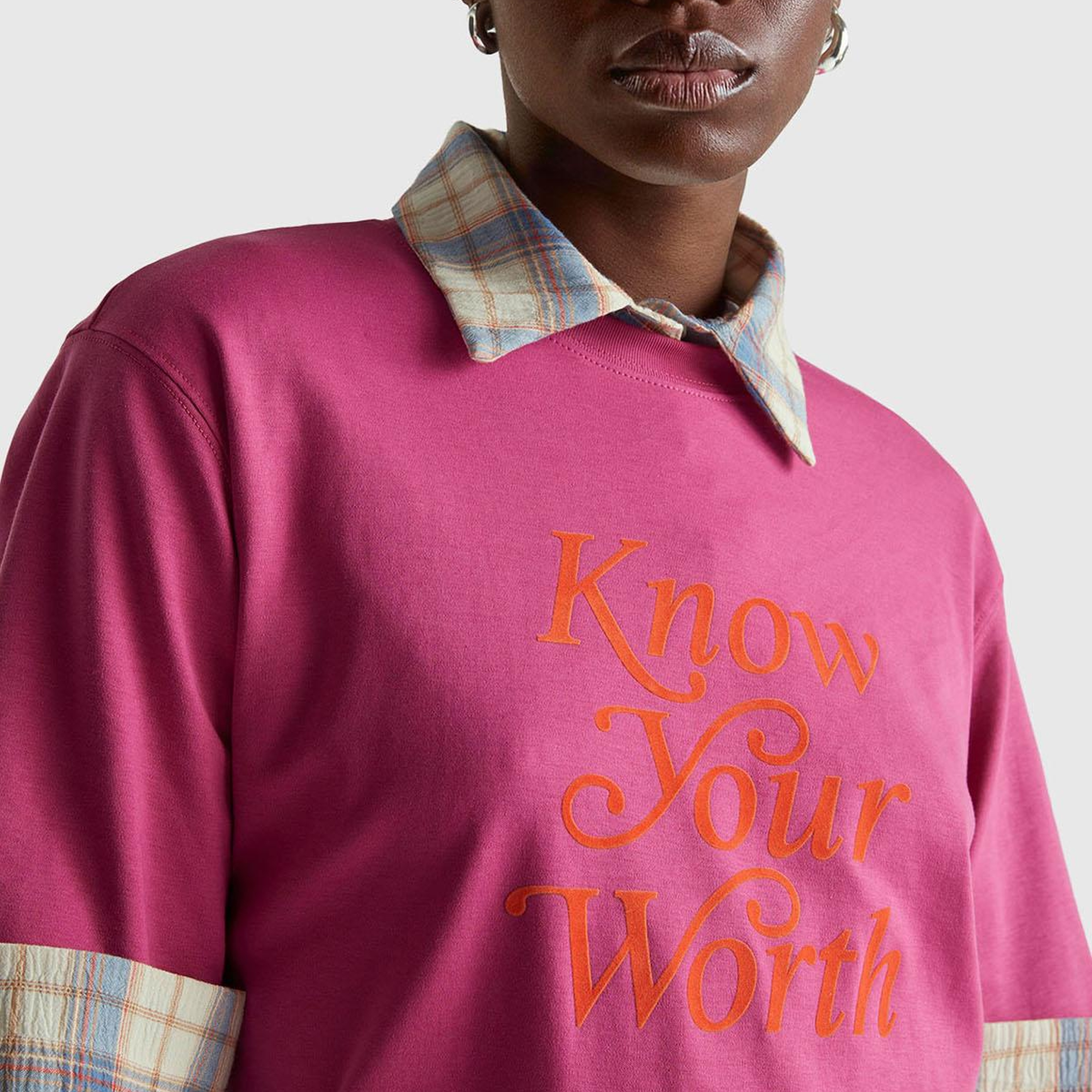 Kadın Koyu Pembe %100 Pamuk Önü Yazı Baskılı Bisiklet Yaka T-Shirt
