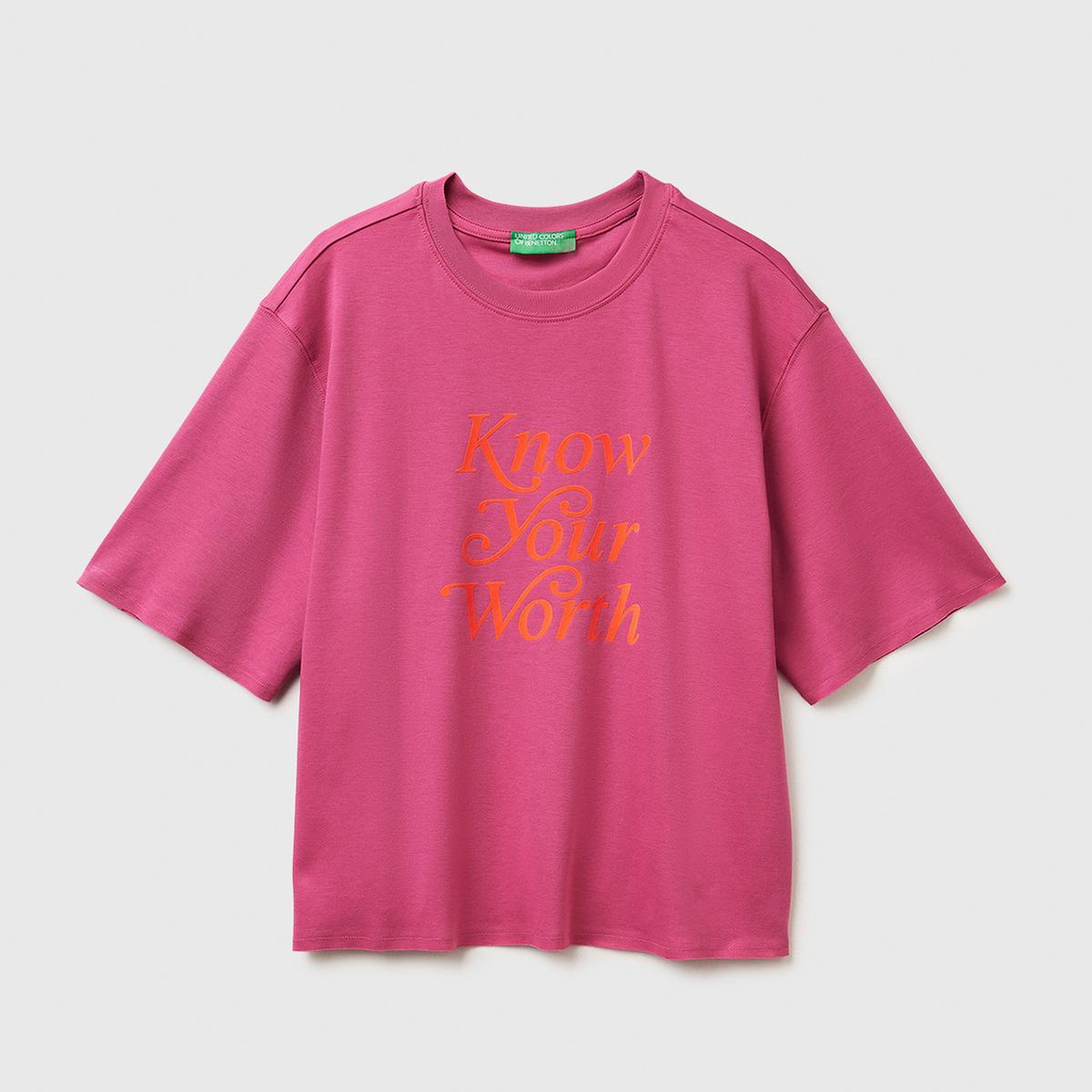 Kadın Koyu Pembe %100 Pamuk Önü Yazı Baskılı Bisiklet Yaka T-Shirt