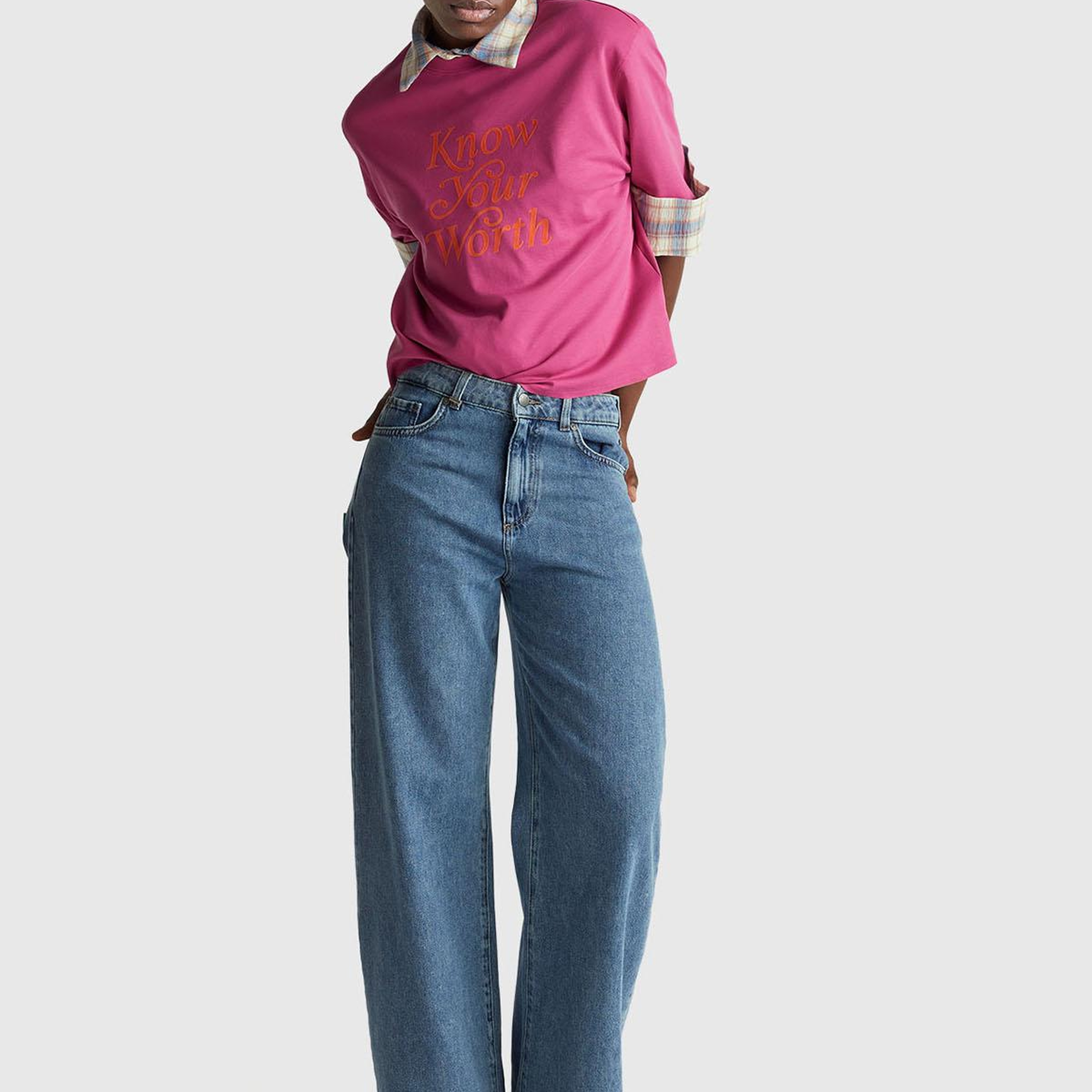 Kadın Koyu Pembe %100 Pamuk Önü Yazı Baskılı Bisiklet Yaka T-Shirt