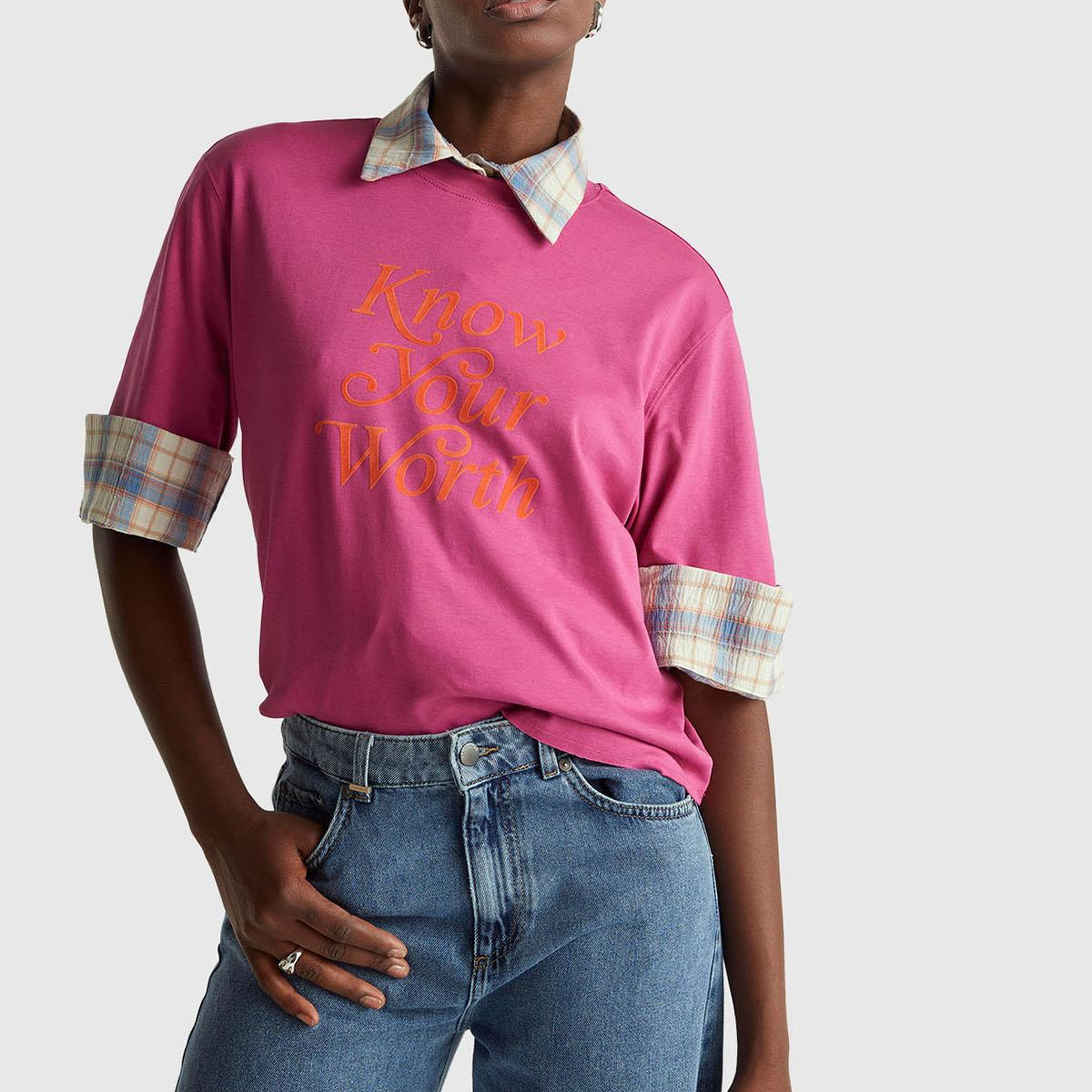 Kadın Koyu Pembe %100 Pamuk Önü Yazı Baskılı Bisiklet Yaka T-Shirt