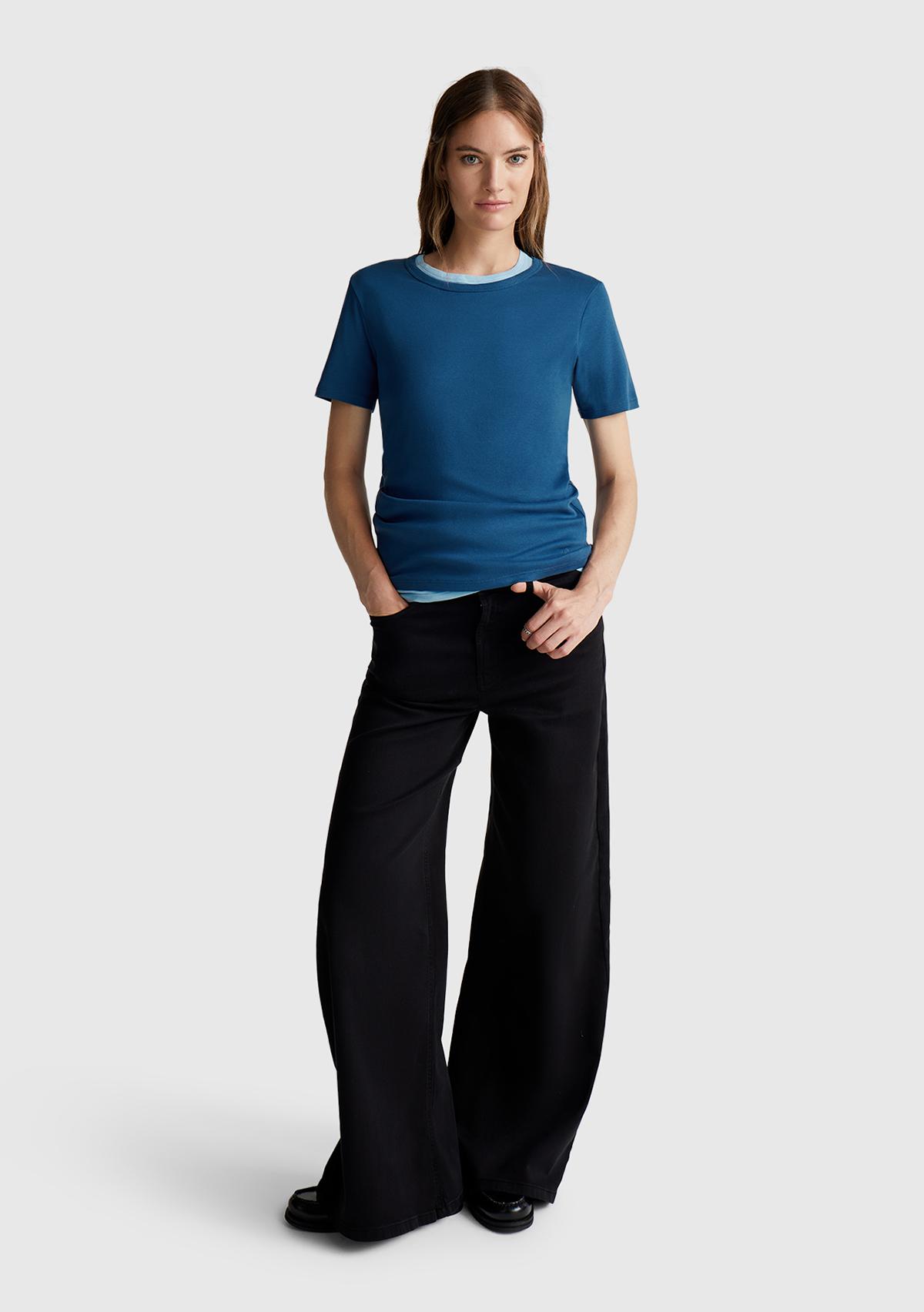 Kadın İndigo Mavisi %100 Koton Basic Kısa Kollu Bisiklet Yaka T-Shirt