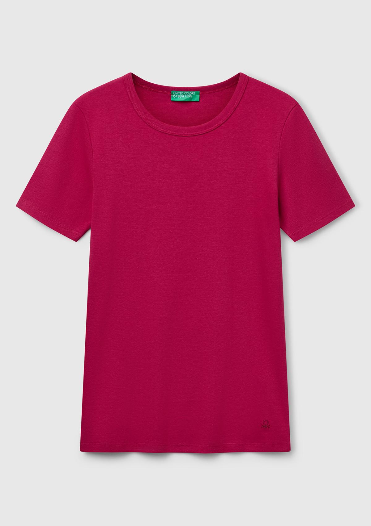 Kadın Fuşya %100 Koton Basic Kısa Kollu Bisiklet Yaka T-Shirt